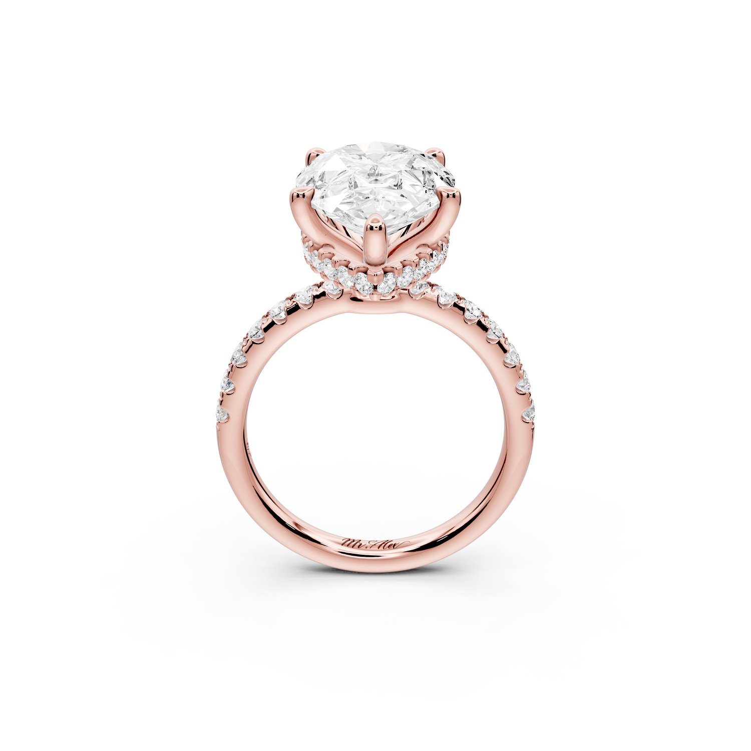Arina - 5ct 14k rose gold pear Diamond with a wrap around halo and pavé Engagement ring