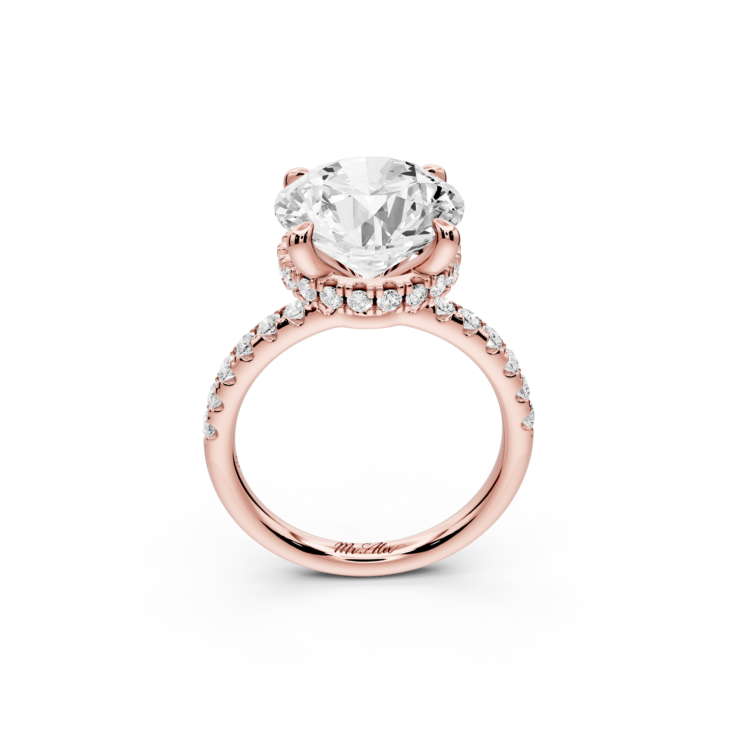 Arina - 5ct 14k rose gold round Diamond with a wrap around halo and Pavé engagment ring