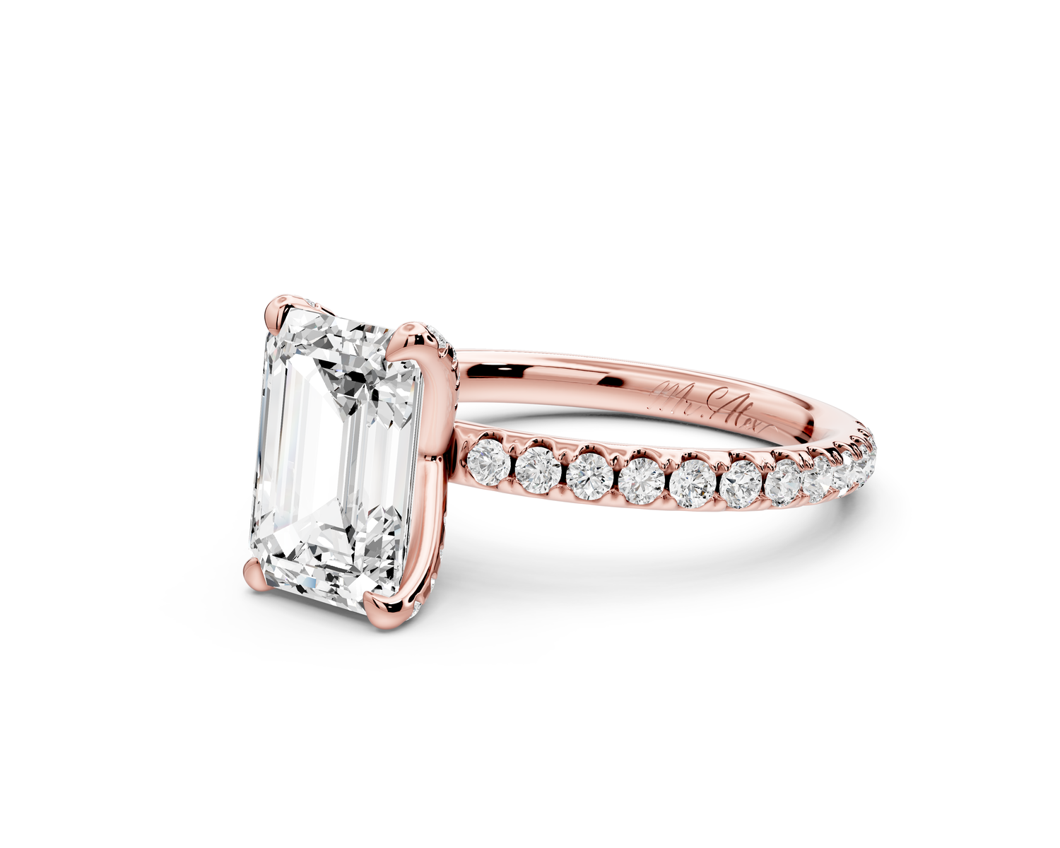 Elise - 2ct 14k rose gold emerald diamond 6-Talon Prong Diamond Crown with Pavé Engagement Ring