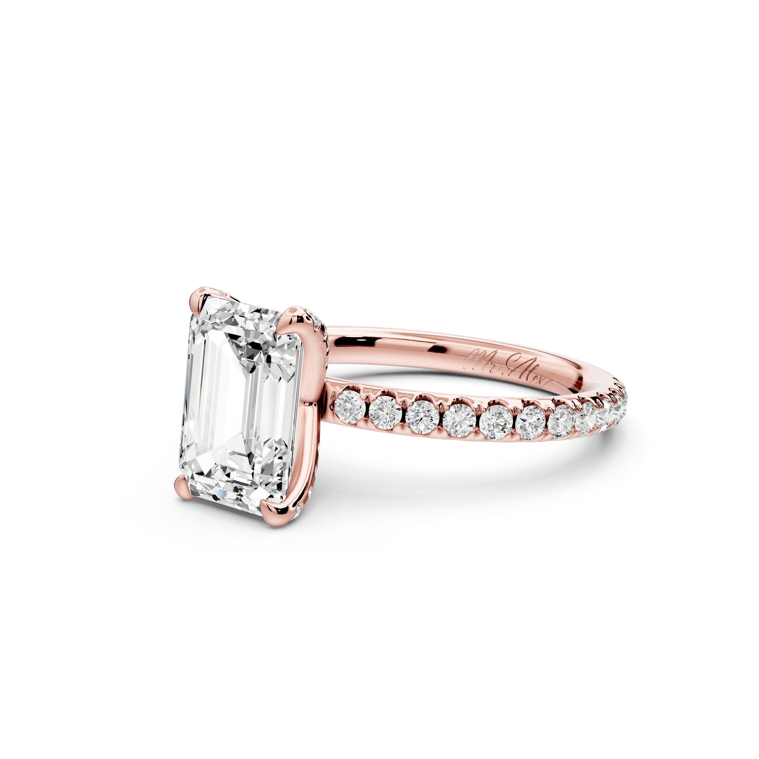 Elise - 2ct 14k rose gold emerald diamond 6-Talon Prong Diamond Crown with Pavé Engagement Ring