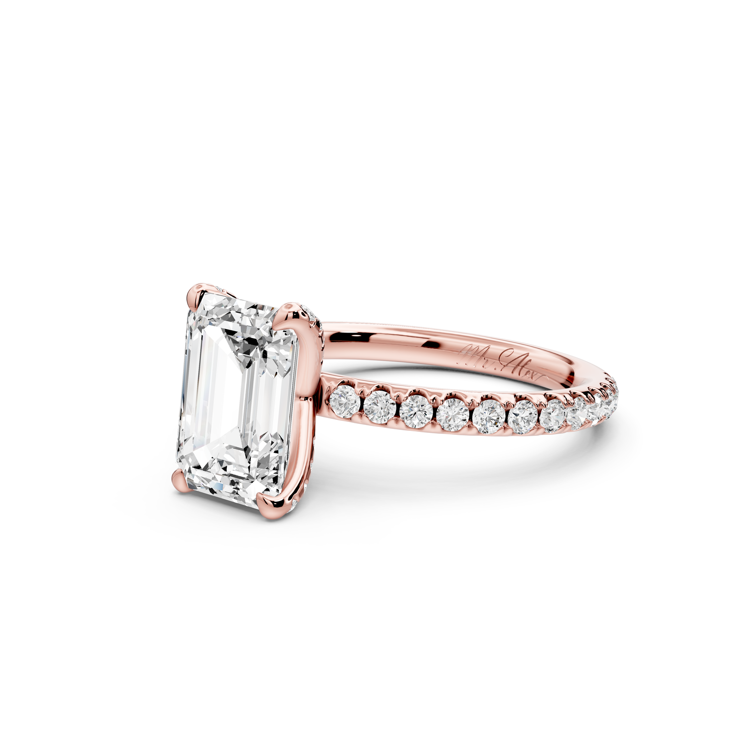 Elise - 2ct 14k rose gold emerald diamond 6-Talon Prong Diamond Crown with Pavé Engagement Ring