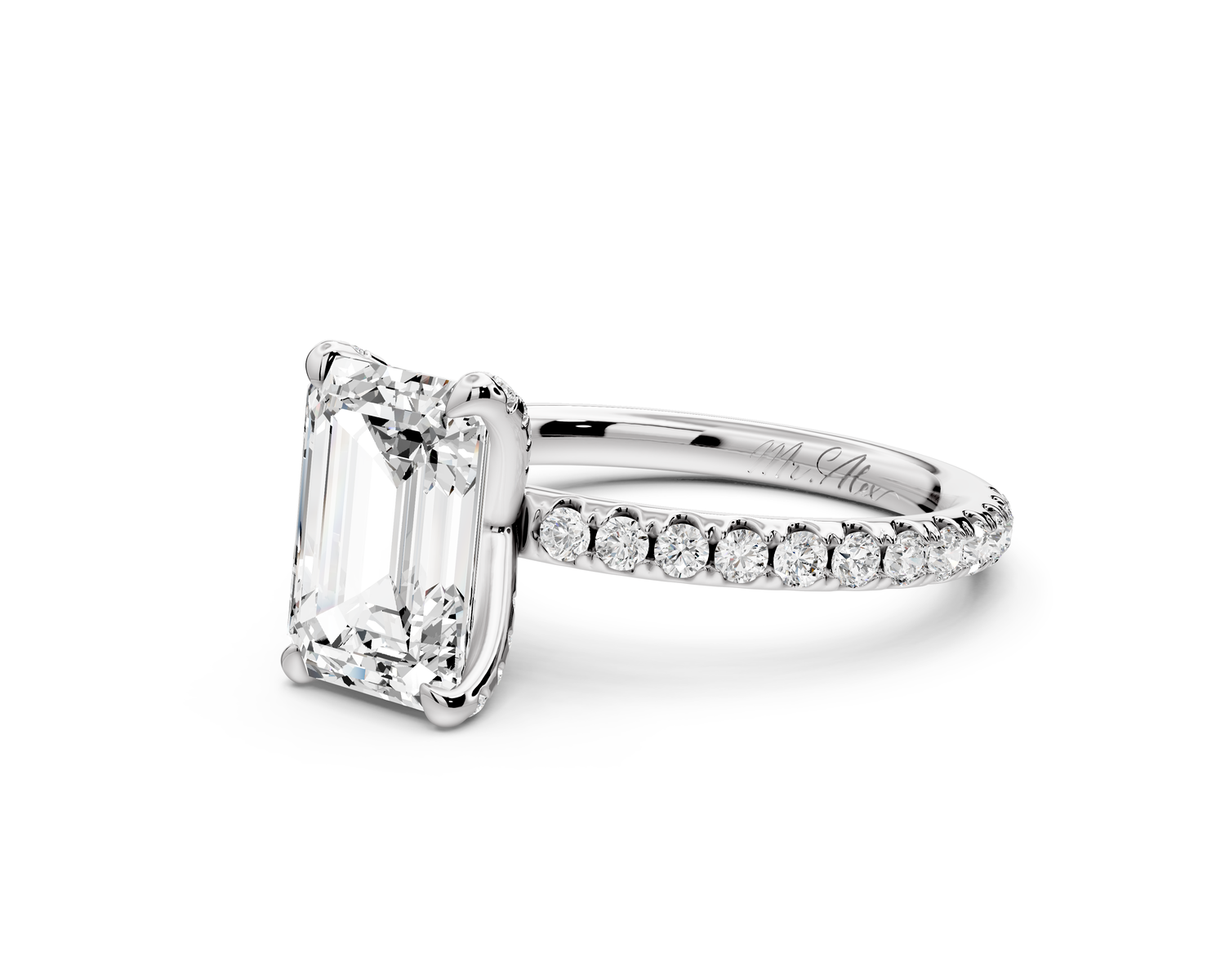 Elise - 2ct 14k white gold emerald diamond 6-Talon Prong Diamond Crown with Pavé Engagement Ring