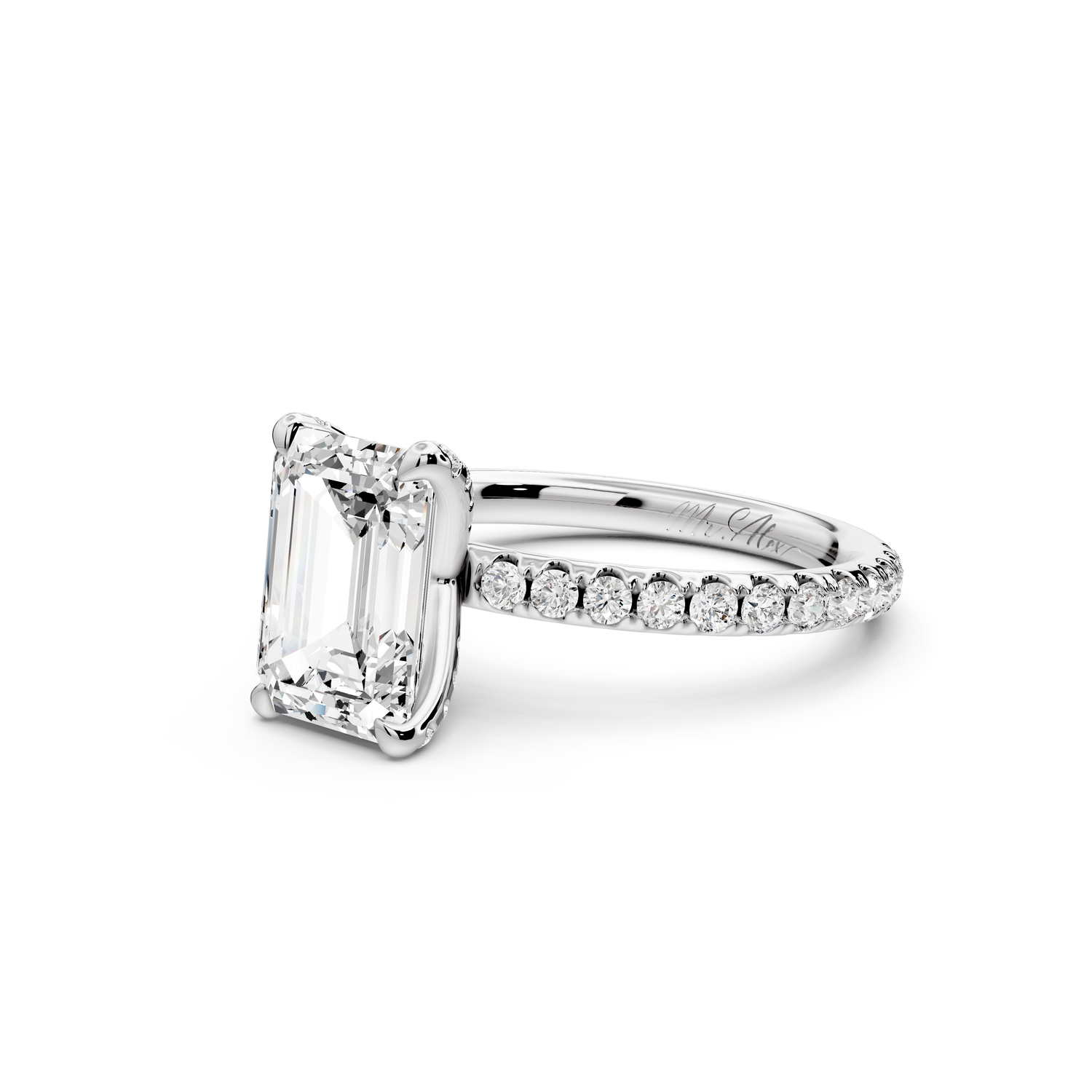 Elise - 2ct 14k white gold emerald diamond 6-Talon Prong Diamond Crown with Pavé Engagement Ring