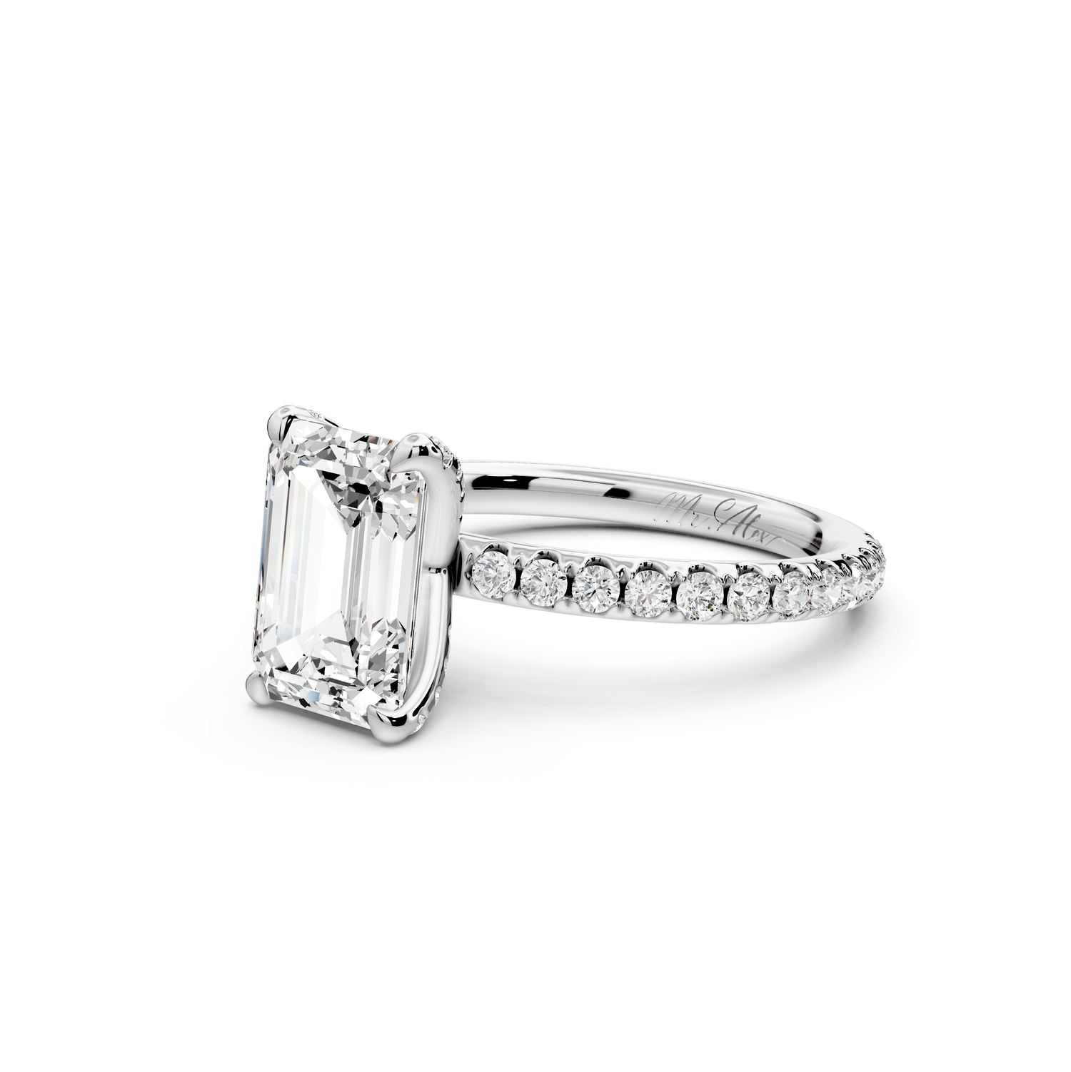 Elise - 2ct 14k white gold emerald diamond 6-Talon Prong Diamond Crown with Pavé Engagement Ring
