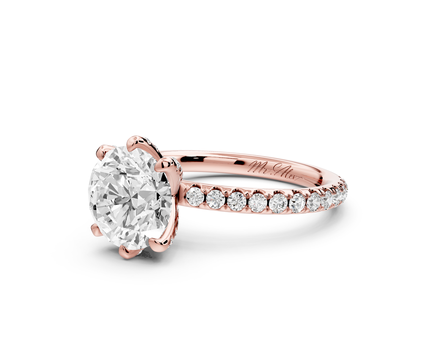 Elise - 2ct 14k rose gold round diamond 6-Talon Prong Diamond Crown with Pavé Engagement Ring