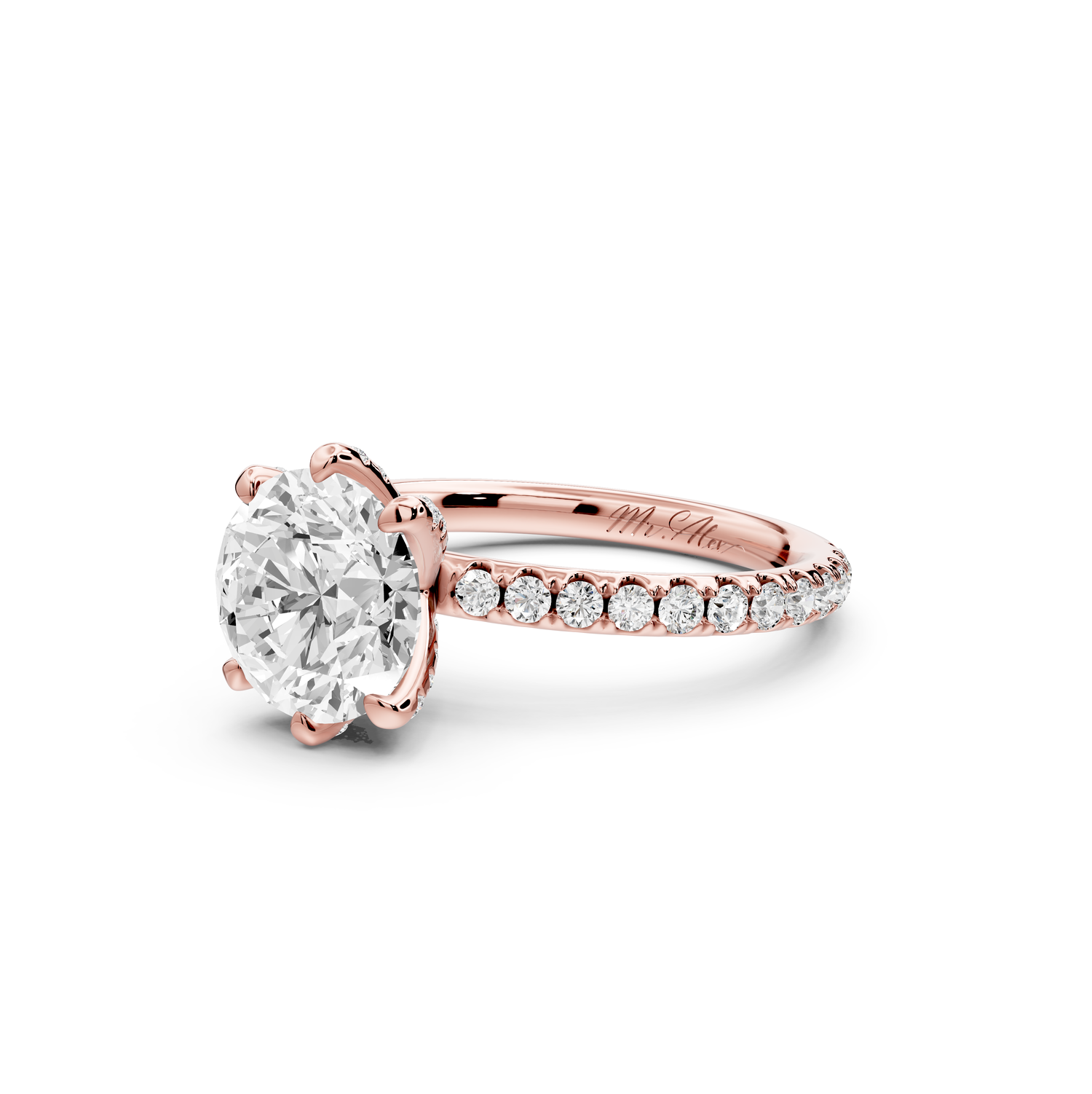 Elise - 2ct 14k rose gold round diamond 6-Talon Prong Diamond Crown with Pavé Engagement Ring