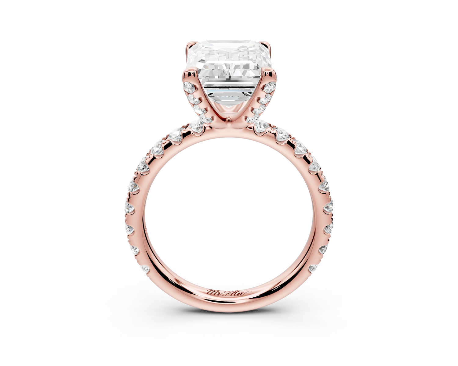 Elise - 3ct 14k rose gold emerald diamond 6-Talon Prong Diamond Crown with Pavé Engagement Ring