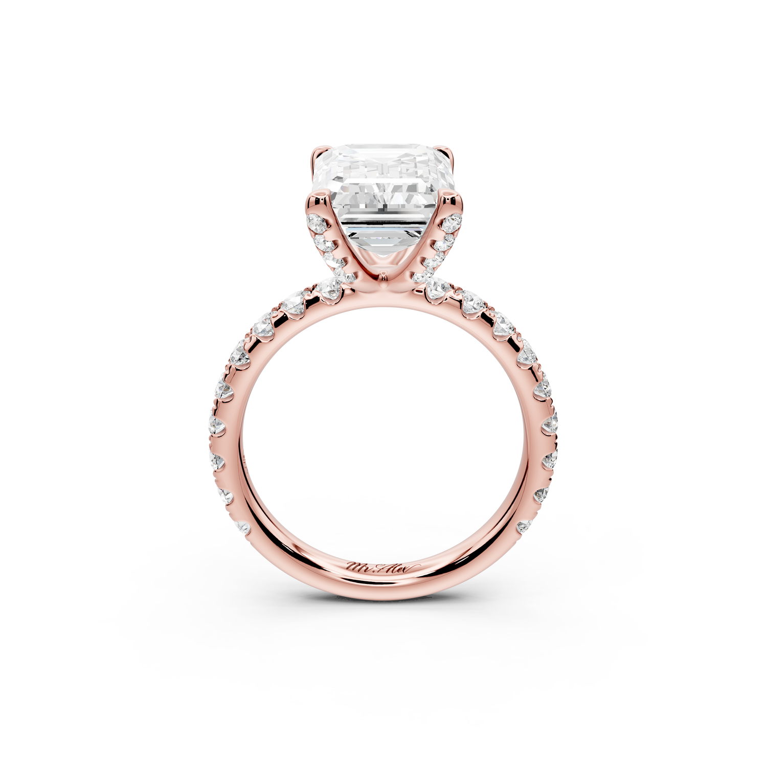 Elise - 3ct 14k rose gold emerald diamond 6-Talon Prong Diamond Crown with Pavé Engagement Ring