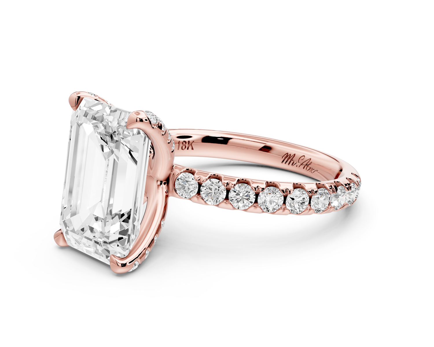 Elise - 3ct 14k rose gold emerald diamond 6-Talon Prong Diamond Crown with Pavé Engagement Ring