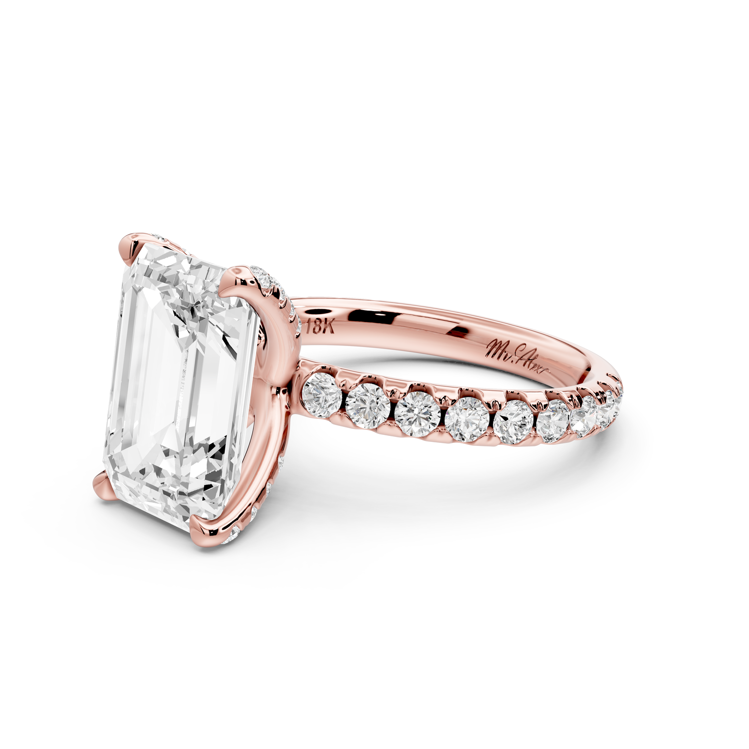 Elise - 3ct 14k rose gold emerald diamond 6-Talon Prong Diamond Crown with Pavé Engagement Ring