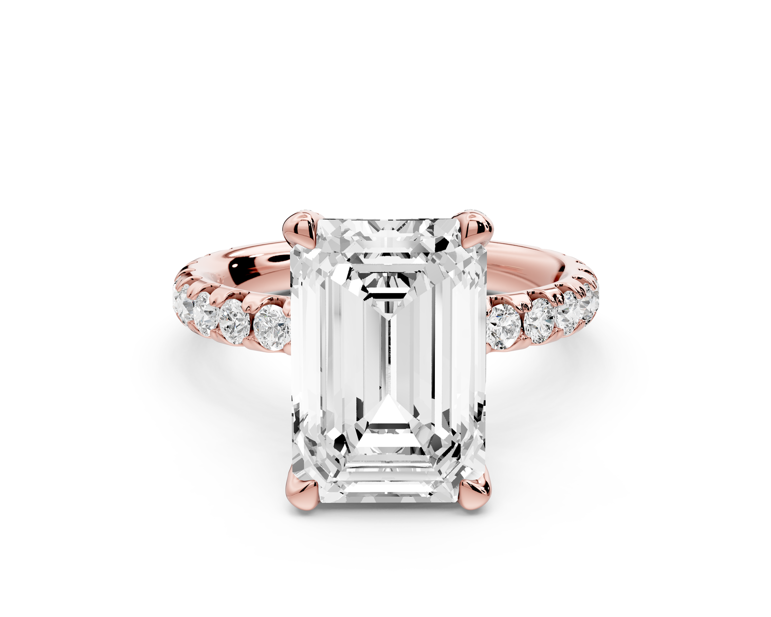 Elise - 3ct 14k rose gold emerald diamond 6-Talon Prong Diamond Crown with Pavé Engagement Ring