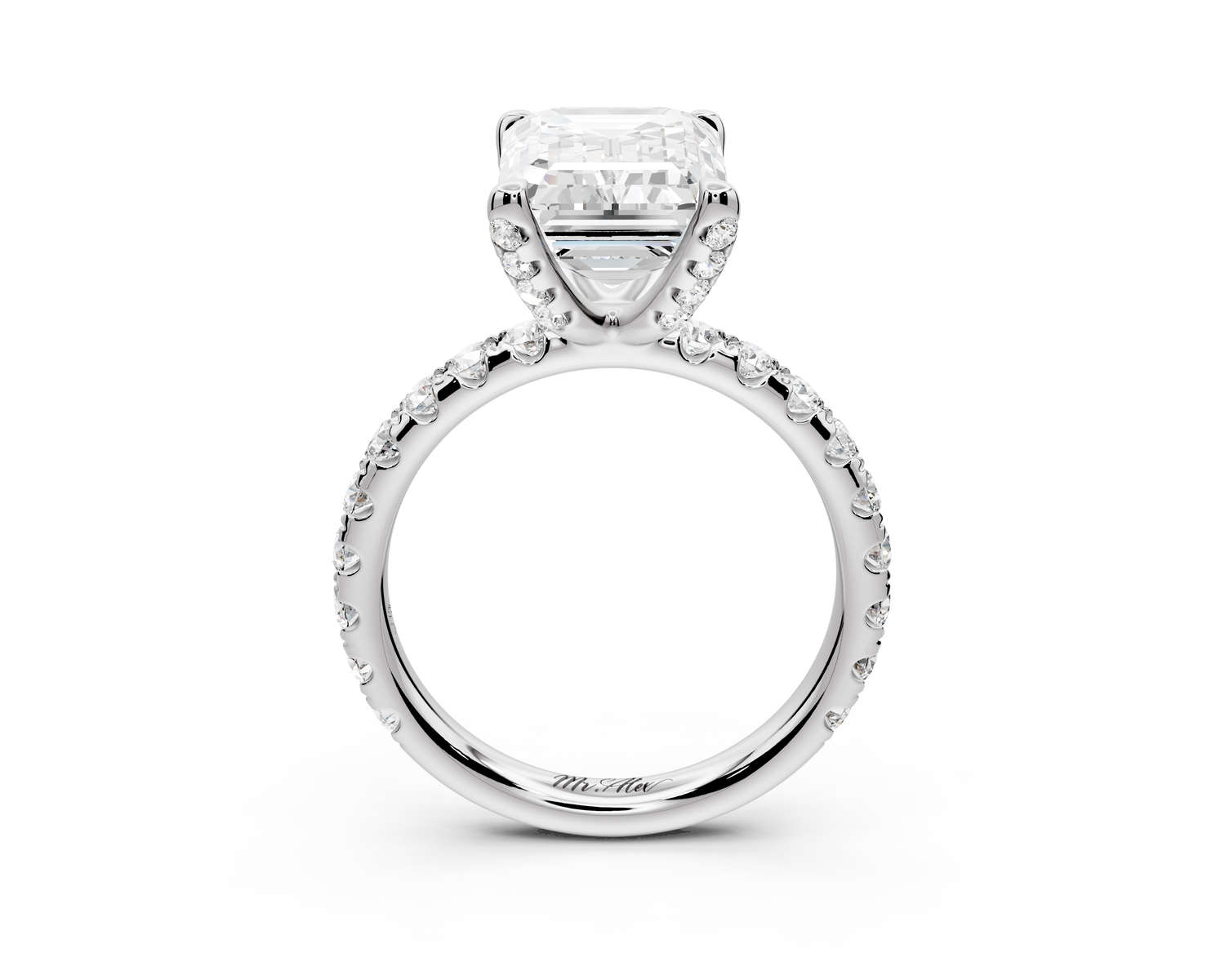 Elise - 3ct 14k white gold emerald diamond 6-Talon Prong Diamond Crown with Pavé Engagement Ring