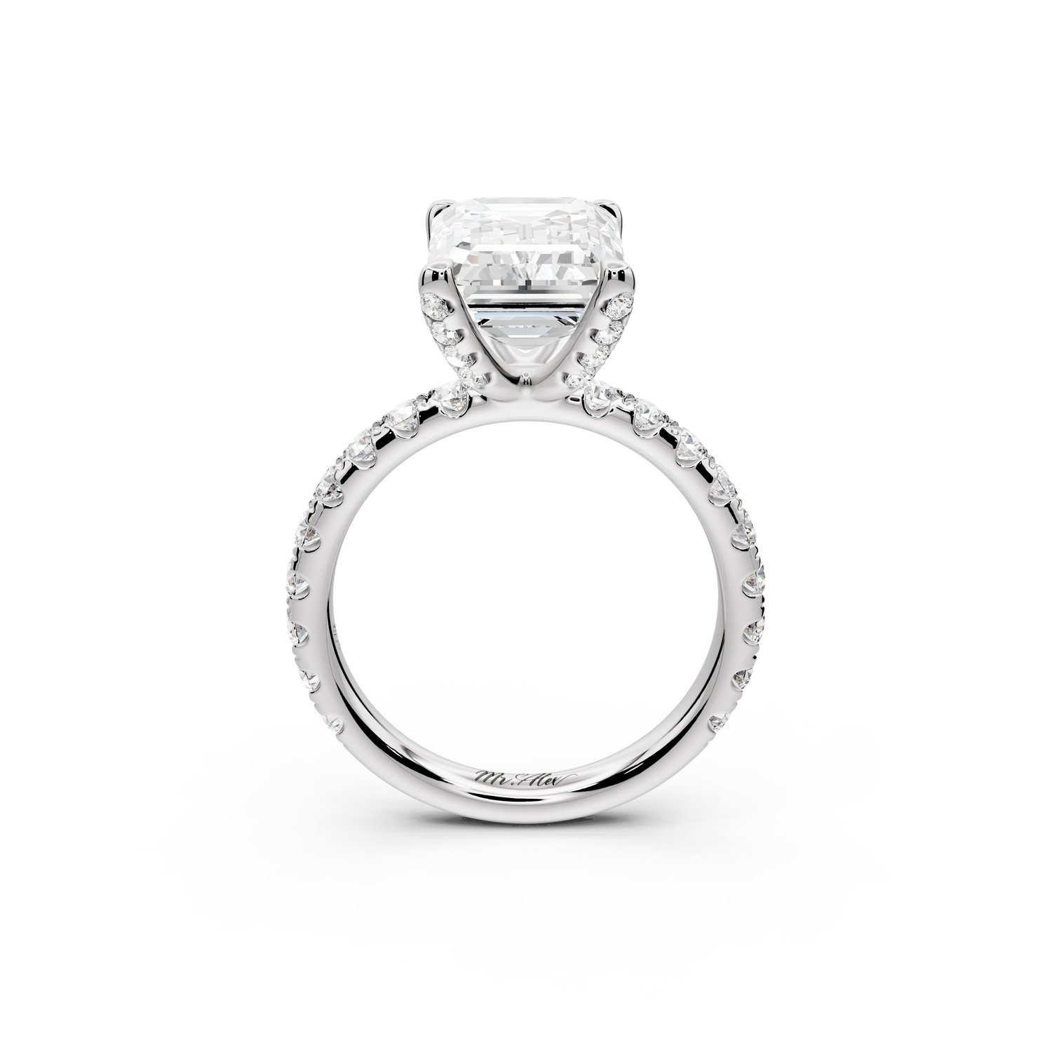 Elise - 3ct 14k white gold emerald diamond 6-Talon Prong Diamond Crown with Pavé Engagement Ring