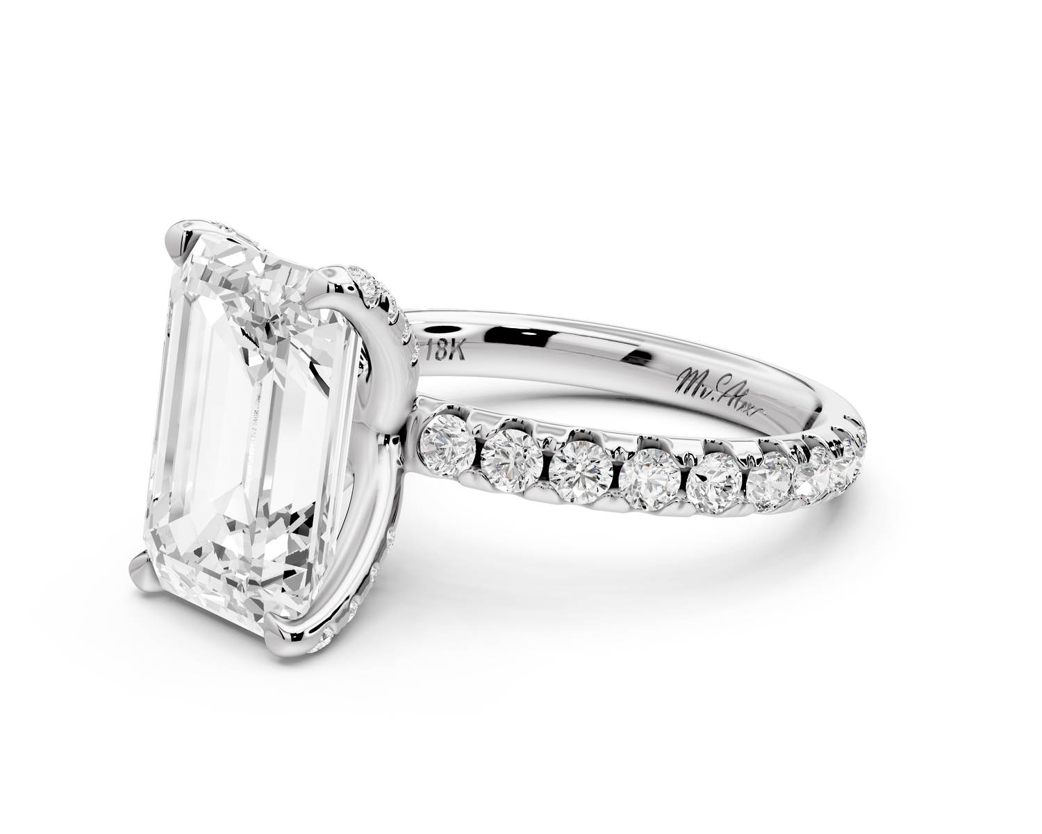 Elise - 3ct 14k white gold emerald diamond 6-Talon Prong Diamond Crown with Pavé Engagement Ring