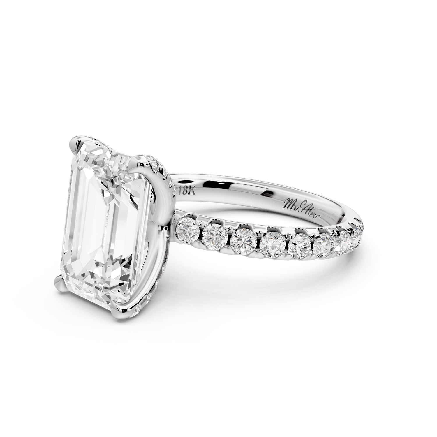 Elise - 3ct 14k white gold emerald diamond 6-Talon Prong Diamond Crown with Pavé Engagement Ring