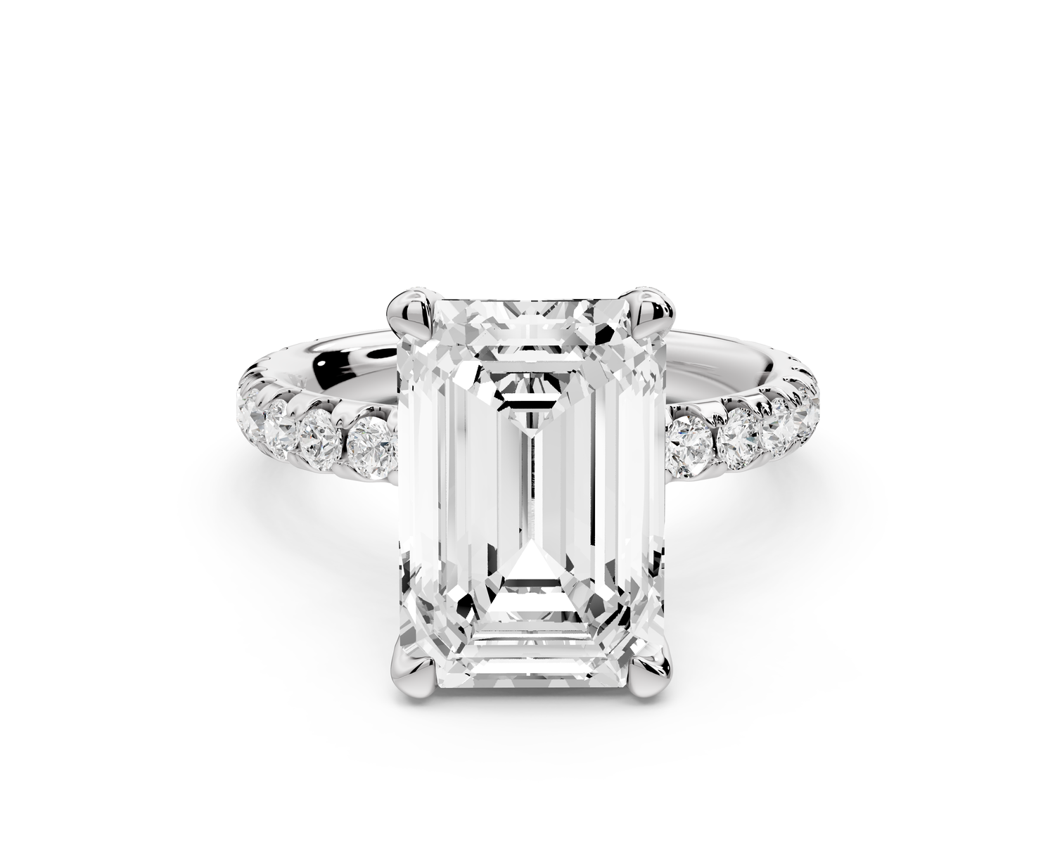 Elise - 3ct 14k white gold emerald diamond 6-Talon Prong Diamond Crown with Pavé Engagement Ring