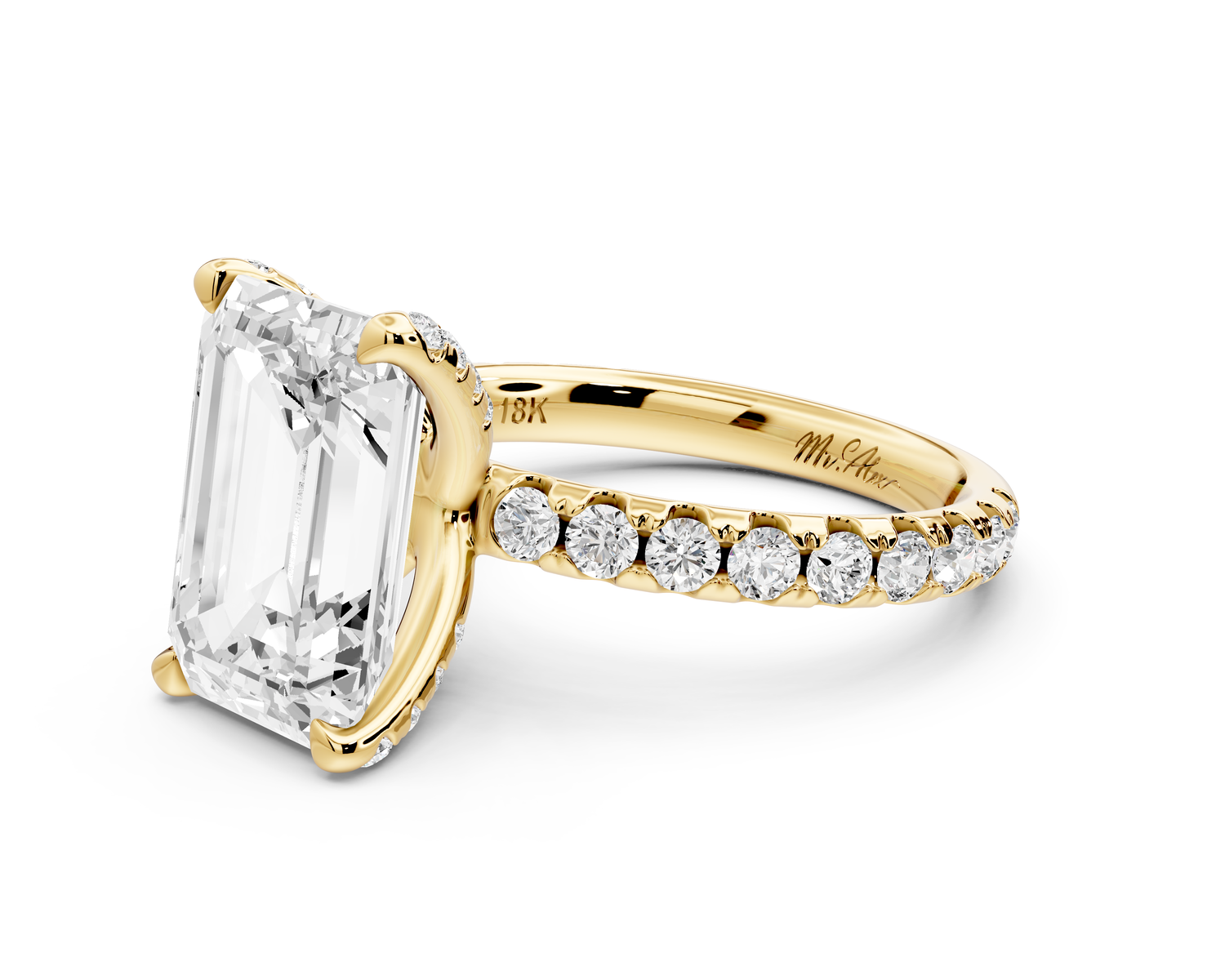 Elise - 3ct 18k yellow gold emerald diamond 6-Talon Prong Diamond Crown with Pavé Engagement Ring