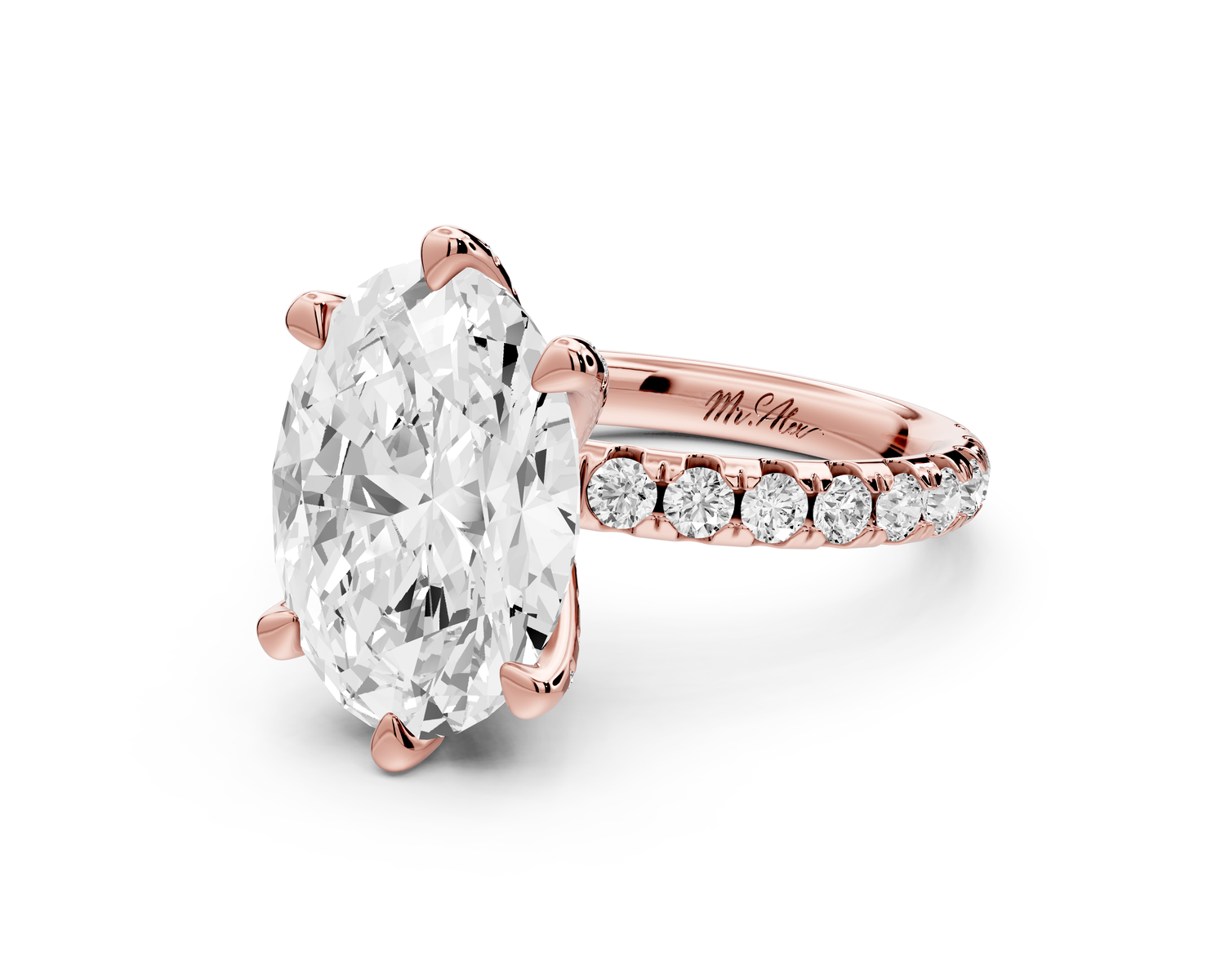Elise - 3ct 18k rose gold oval diamond 6-Talon Prong Diamond Crown with Pavé Engagement Ring