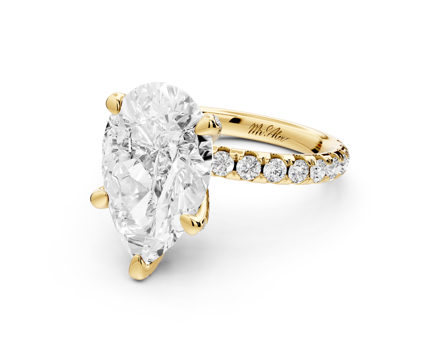 Elise - 3ct 18k yellow gold pear diamond 6-Talon Prong Diamond Crown with Pavé Engagement Ring
