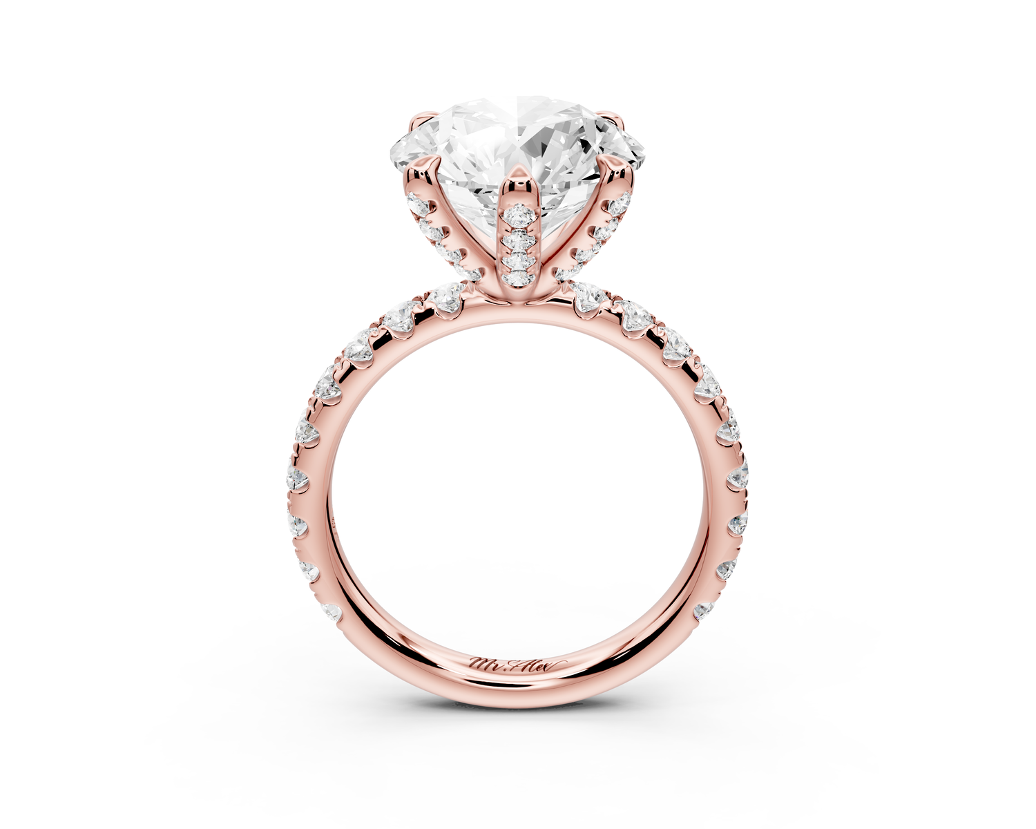 Elise - 3ct 18k rose gold round diamond 6-Talon Prong Diamond Crown with Pavé Engagement Ring