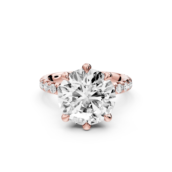 Elise - 3ct 14k rose gold round diamond 6-Talon Prong Diamond Crown with Pavé Engagement Ring
