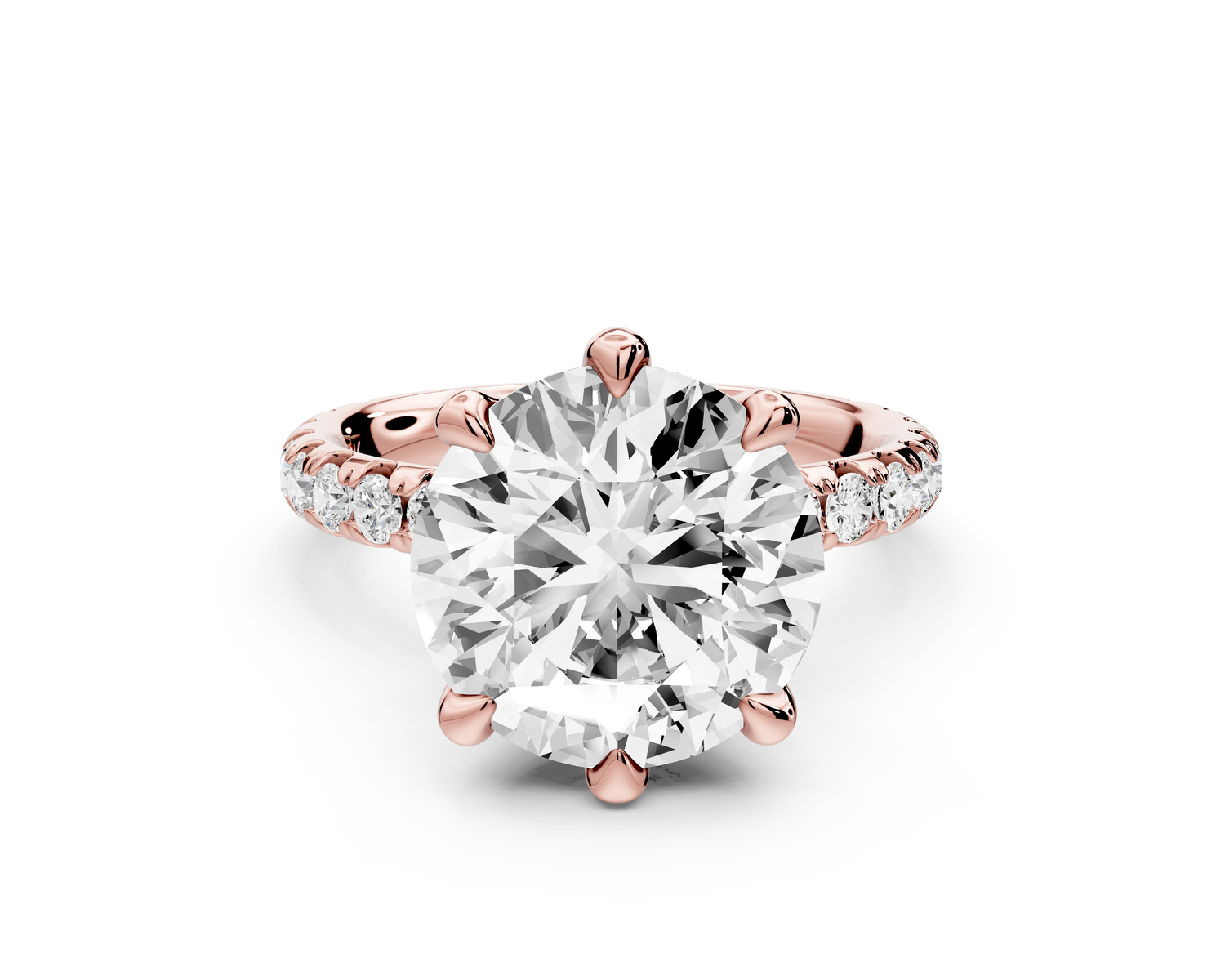 Elise - 3ct 18k rose gold round diamond 6-Talon Prong Diamond Crown with Pavé Engagement Ring