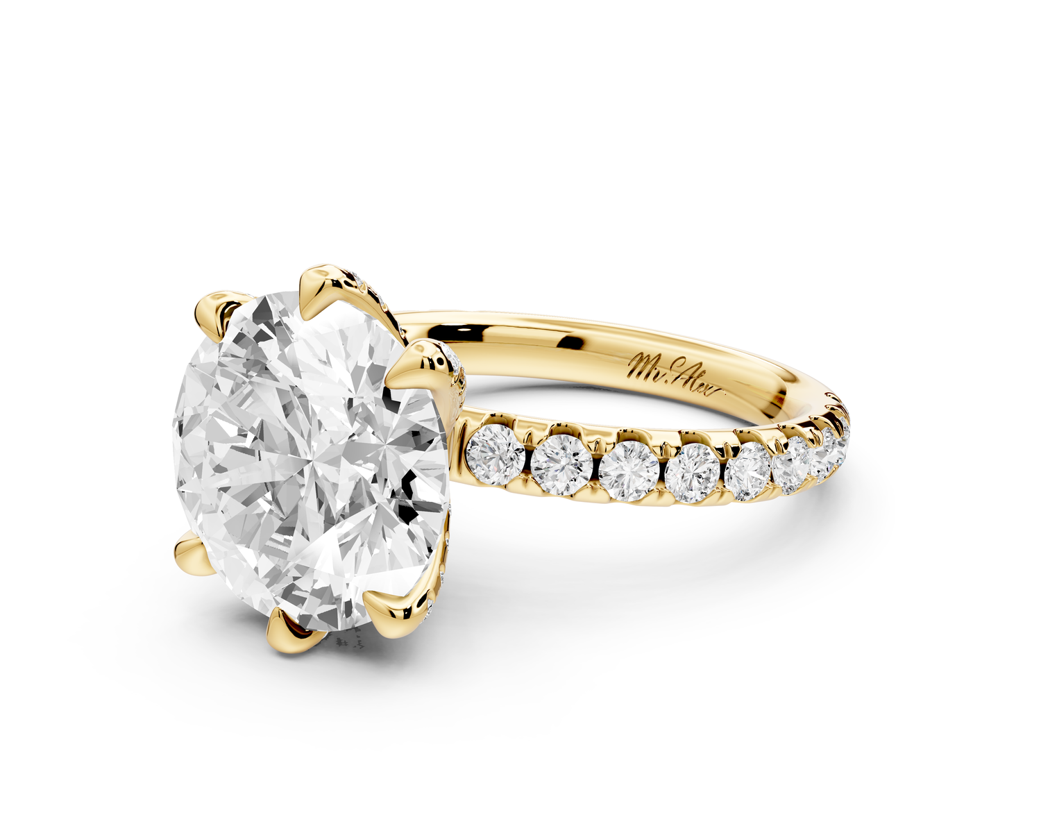 Elise - 3ct 14k yellow gold round diamond 6-Talon Prong Diamond Crown with Pavé Engagement Ring