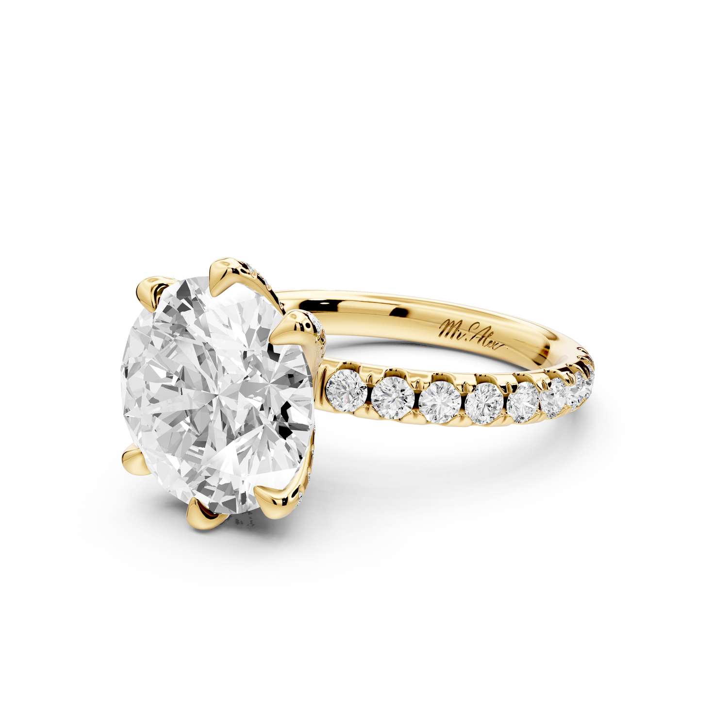 Elise - 3ct 14k yellow gold round diamond 6-Talon Prong Diamond Crown with Pavé Engagement Ring