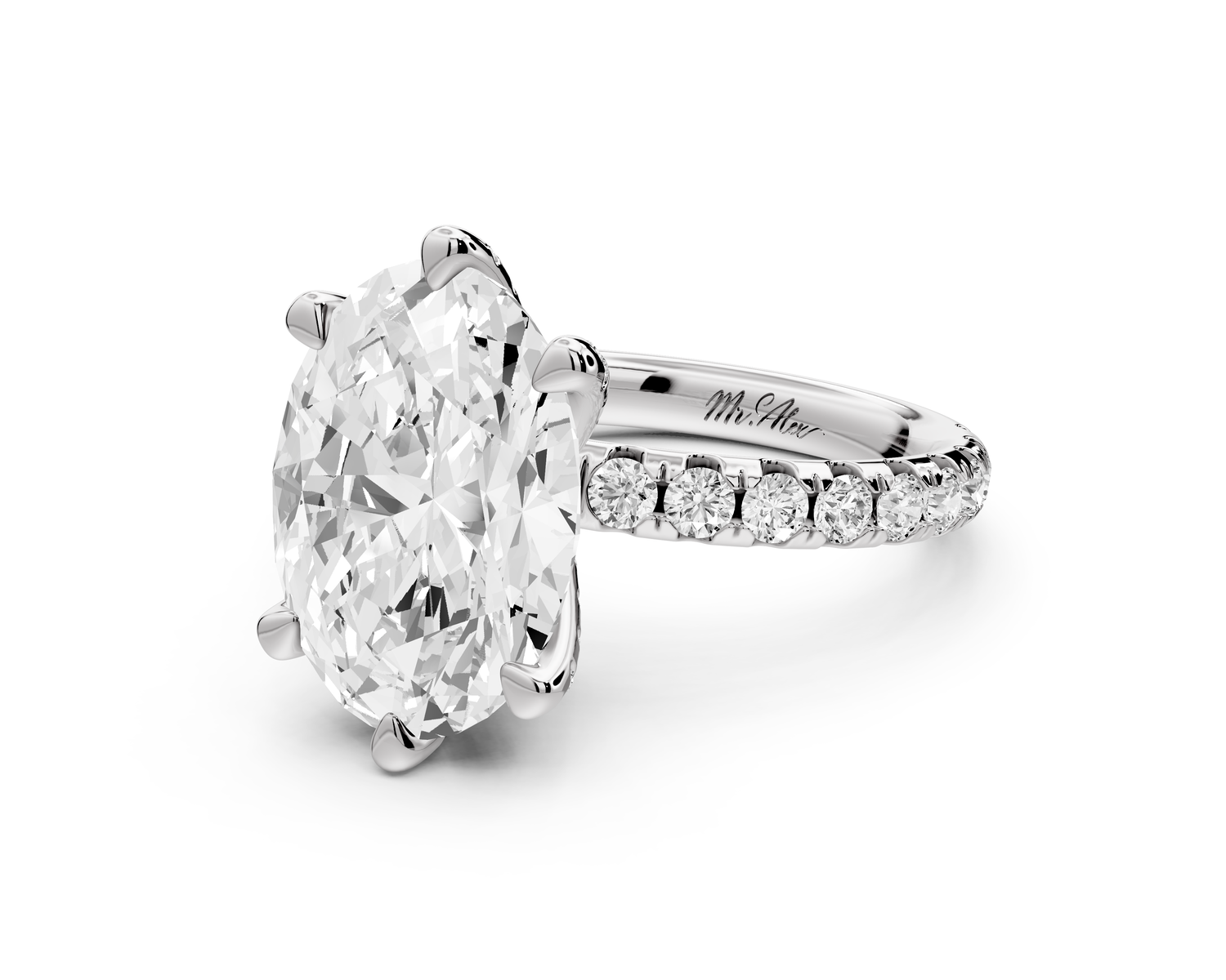Elise - 4ct 18k white gold oval diamond 6-Talon Prong Diamond Crown with Pavé Engagement Ring
