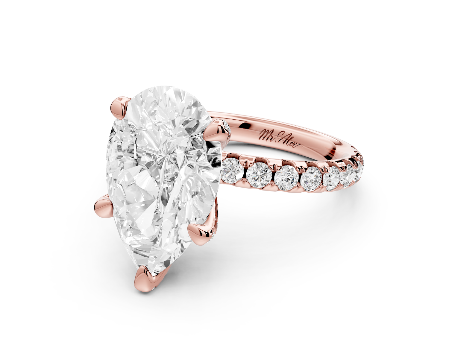 Elise - 4ct 14k rose gold pear diamond 6-Talon Prong Diamond Crown with Pavé Engagement Ring