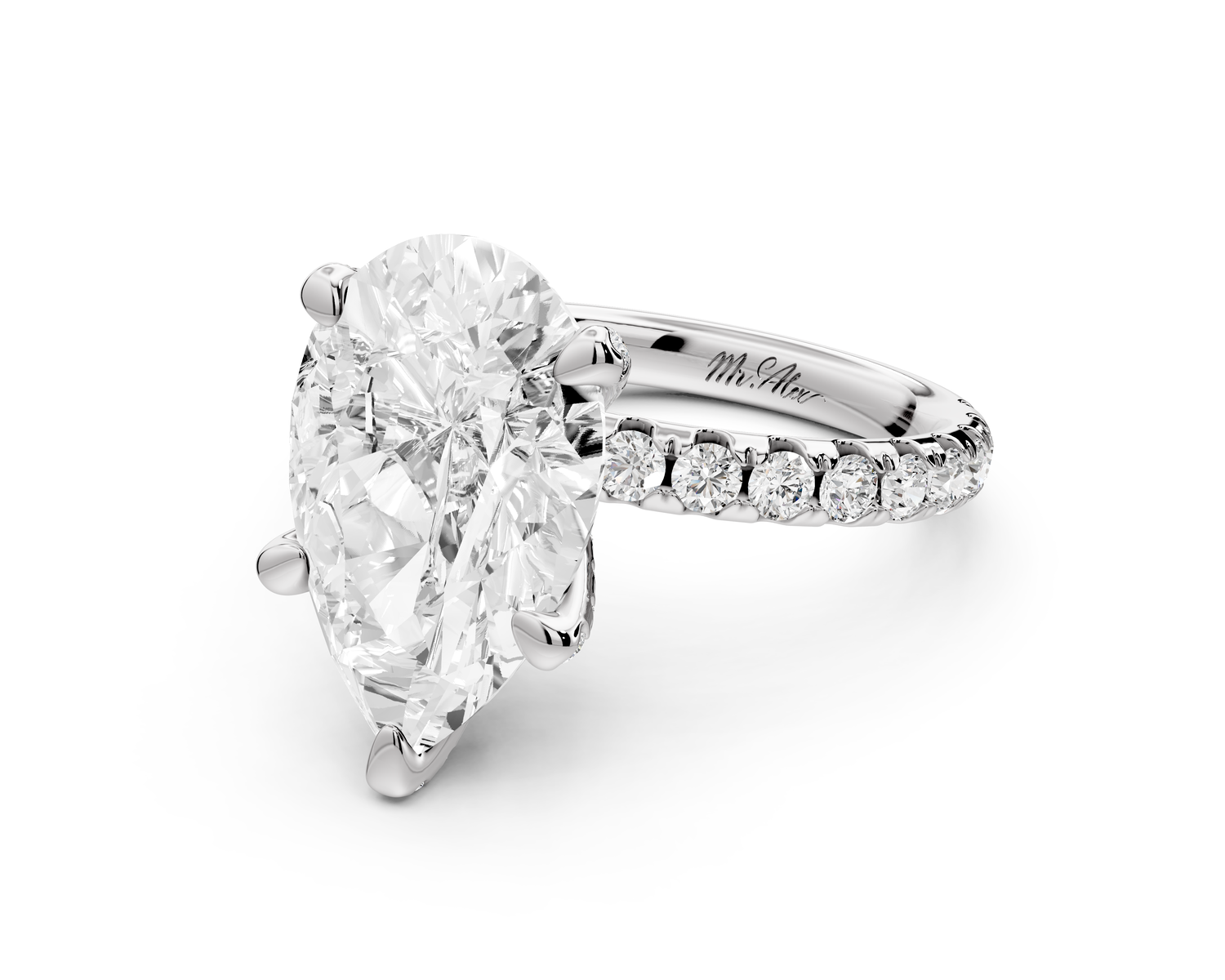 Elise - 4ct 14k white gold pear diamond 6-Talon Prong Diamond Crown with Pavé Engagement Ring