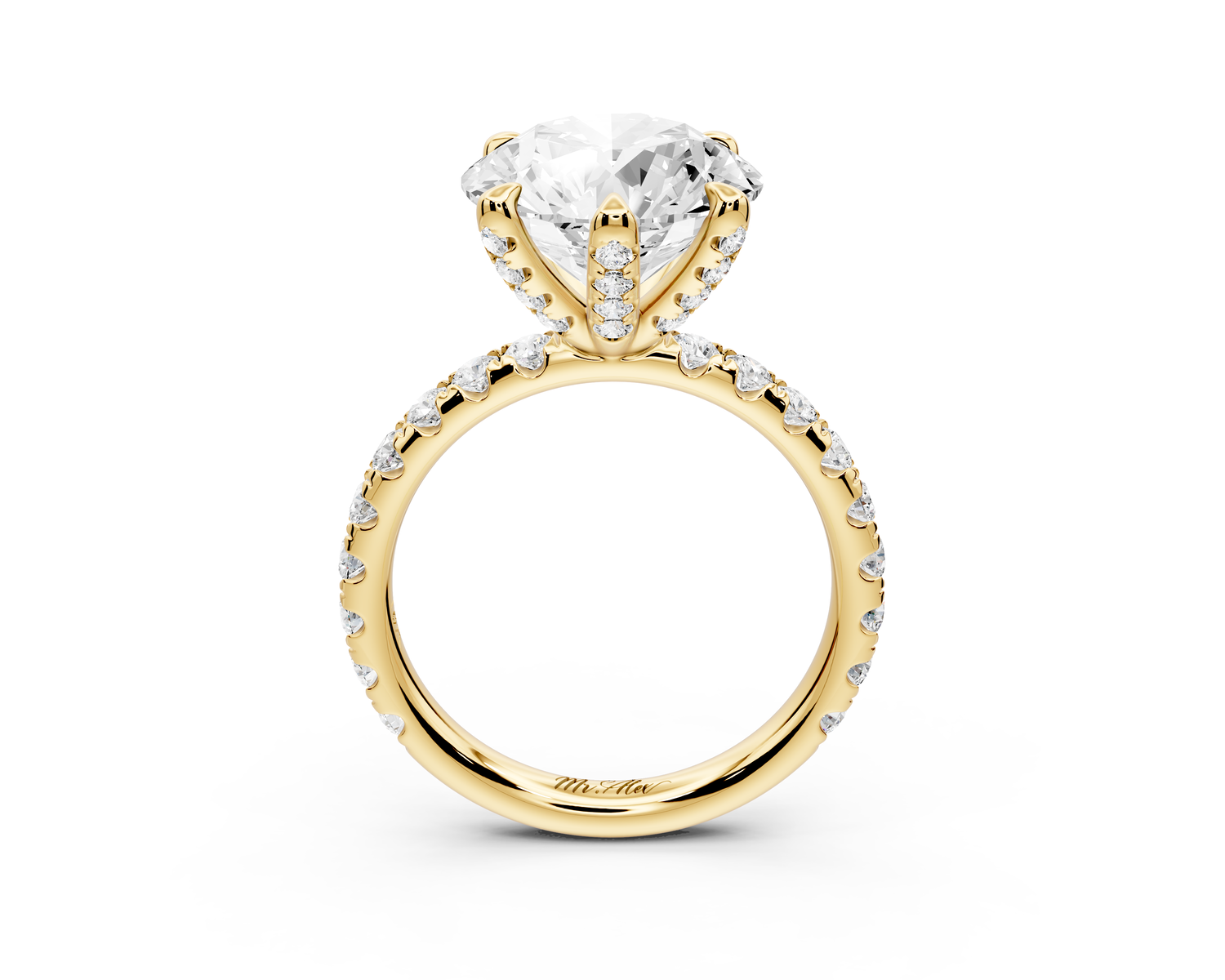 Elise - 4ct 14k yellow gold round diamond 6-Talon Prong Diamond Crown with Pavé Engagement Ring