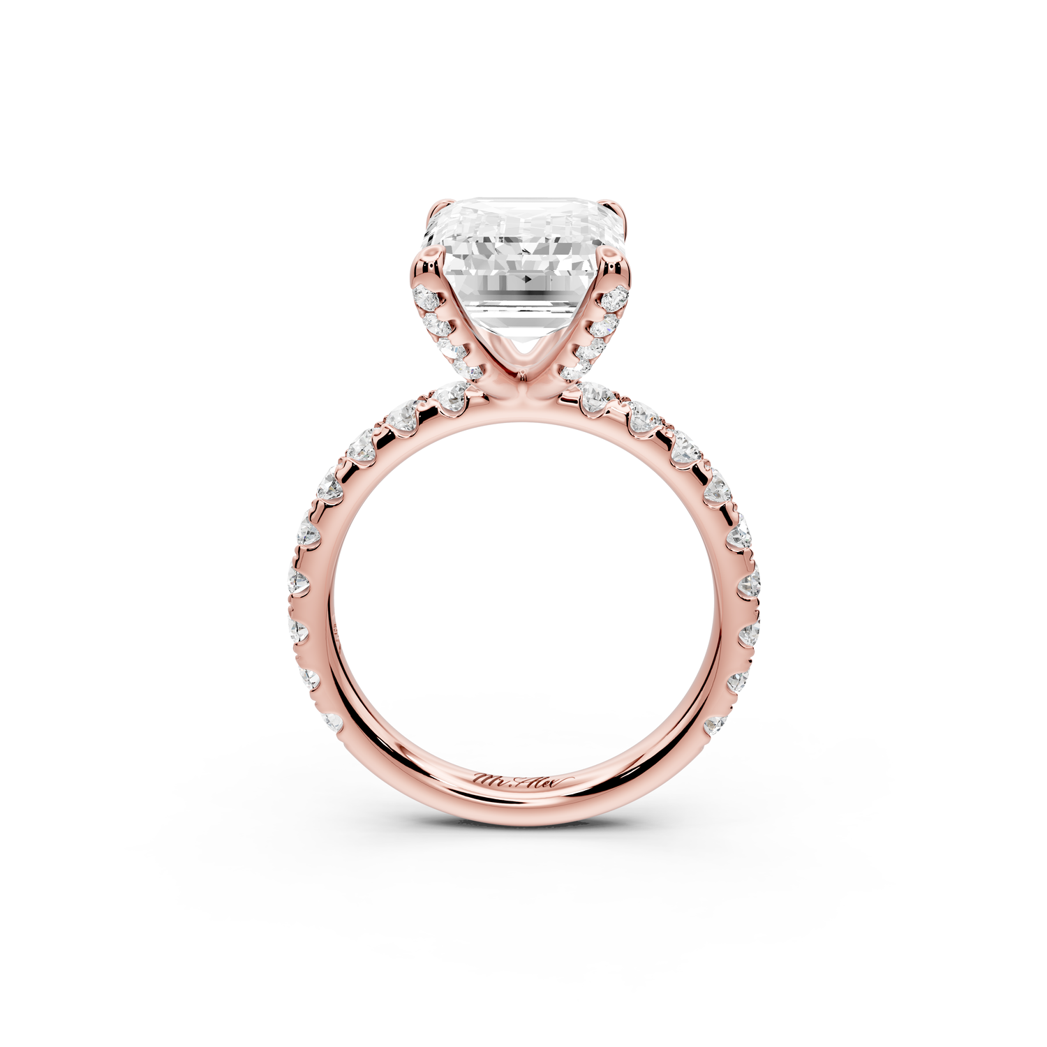 Elise - 5ct 14k rose gold emerald diamond 6-Talon Prong Diamond Crown with Pavé Engagement Ring