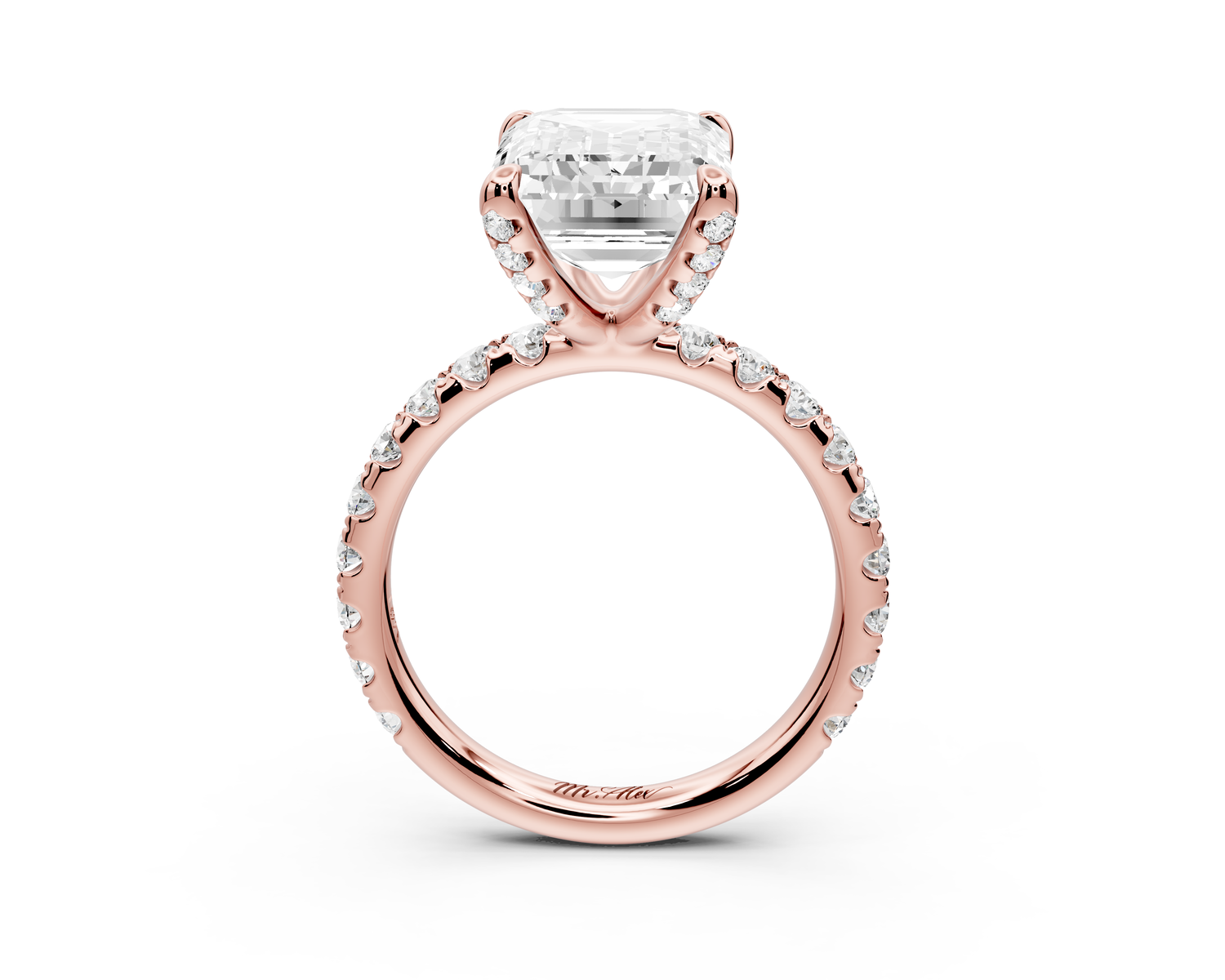 Elise - 5ct 18k rose gold emerald diamond 6-Talon Prong Diamond Crown with Pavé Engagement Ring