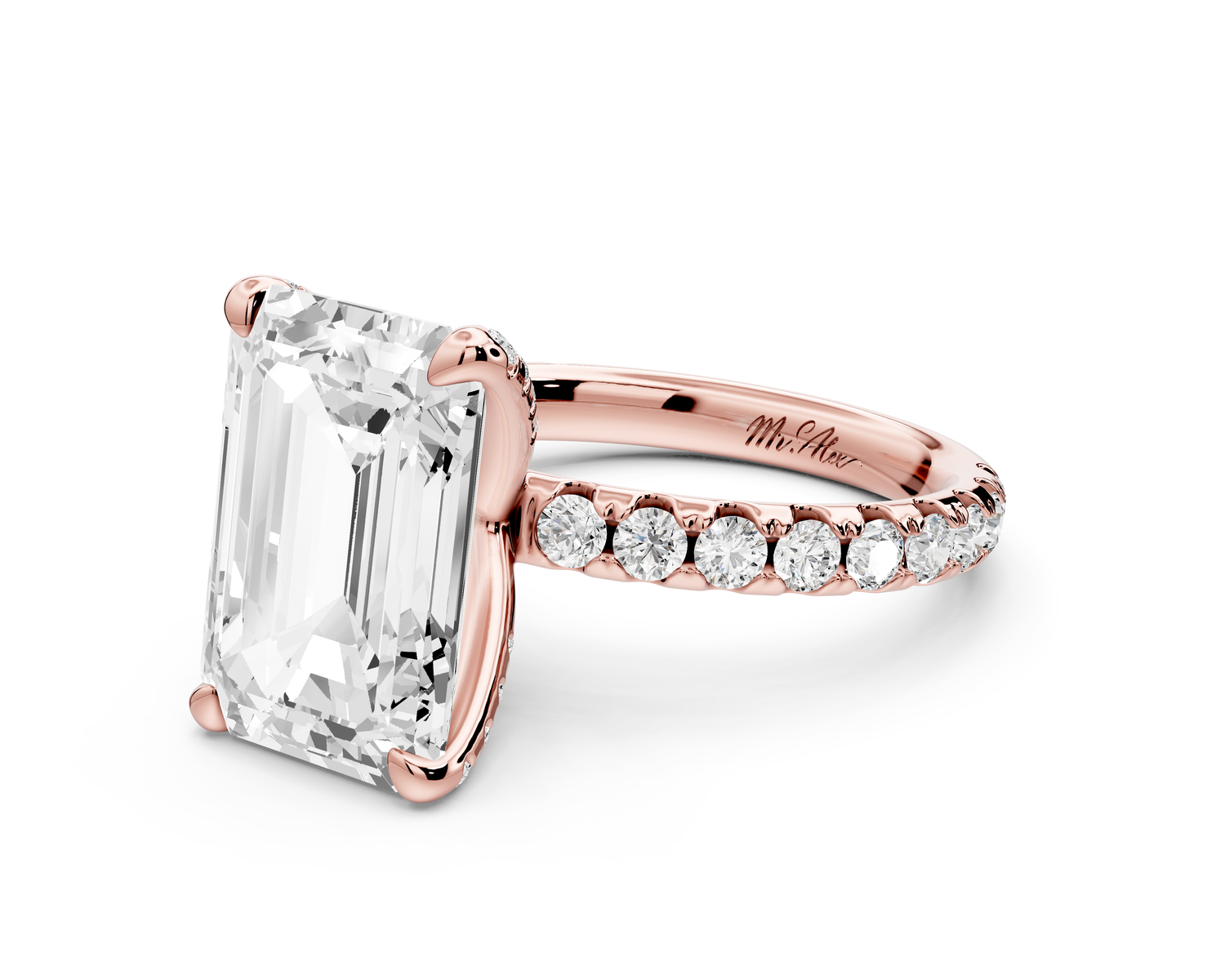 Elise - 5ct 14k rose gold emerald diamond 6-Talon Prong Diamond Crown with Pavé Engagement Ring