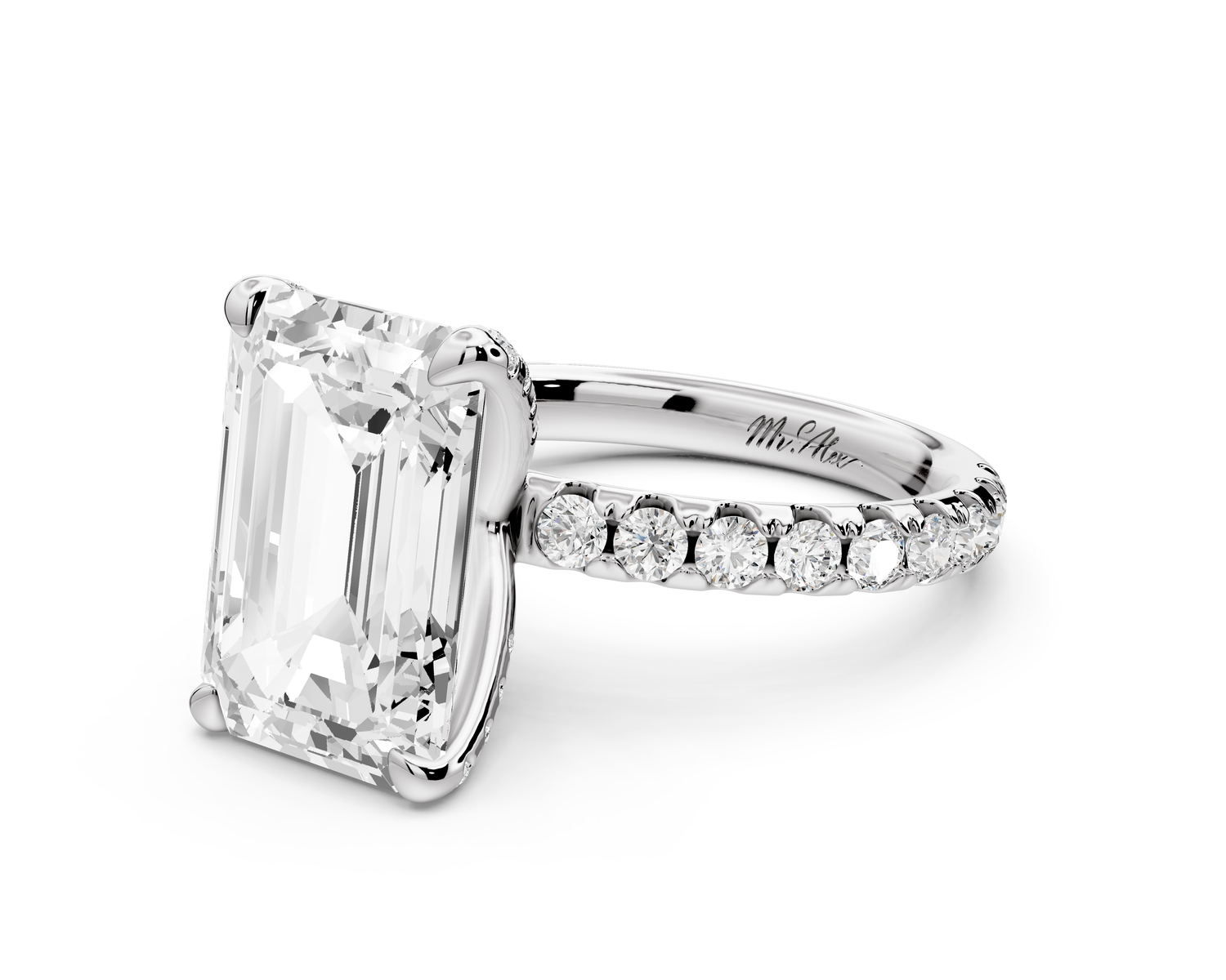 Elise - 5ct 14k white gold emerald diamond 6-Talon Prong Diamond Crown with Pavé Engagement Ring