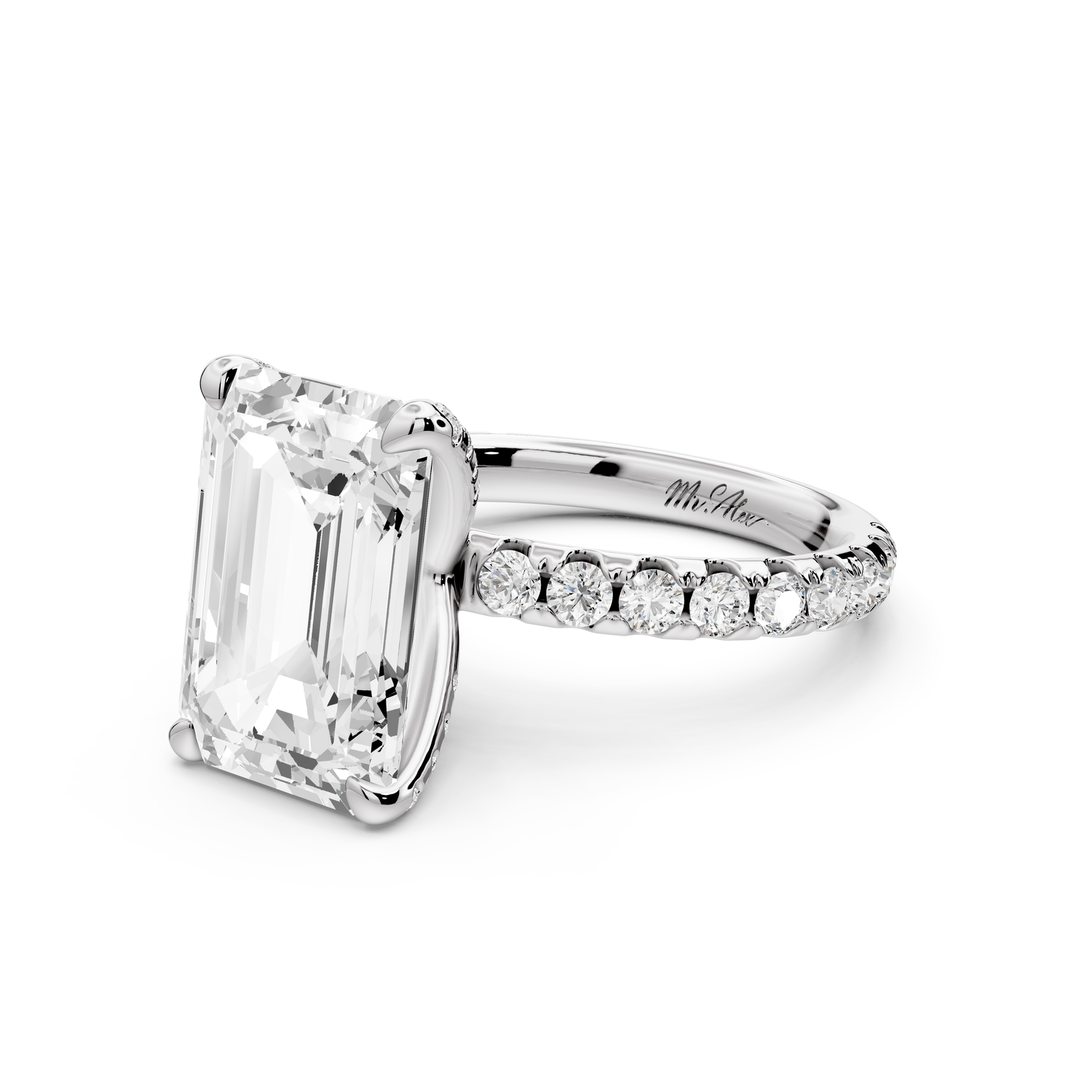 Elise - 5ct 14k white gold emerald diamond 6-Talon Prong Diamond Crown with Pavé Engagement Ring