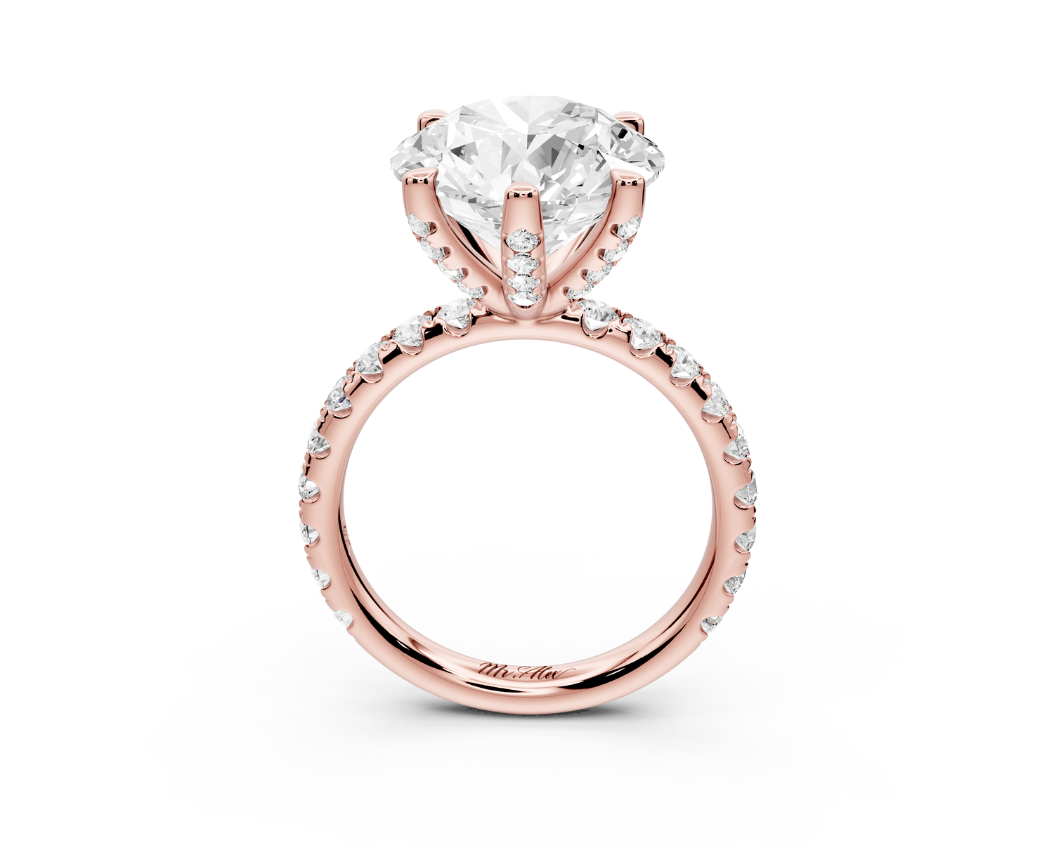 Elise - 5ct 14k rose gold round diamond 6-Talon Prong Diamond Crown with Pavé Engagement Ring
