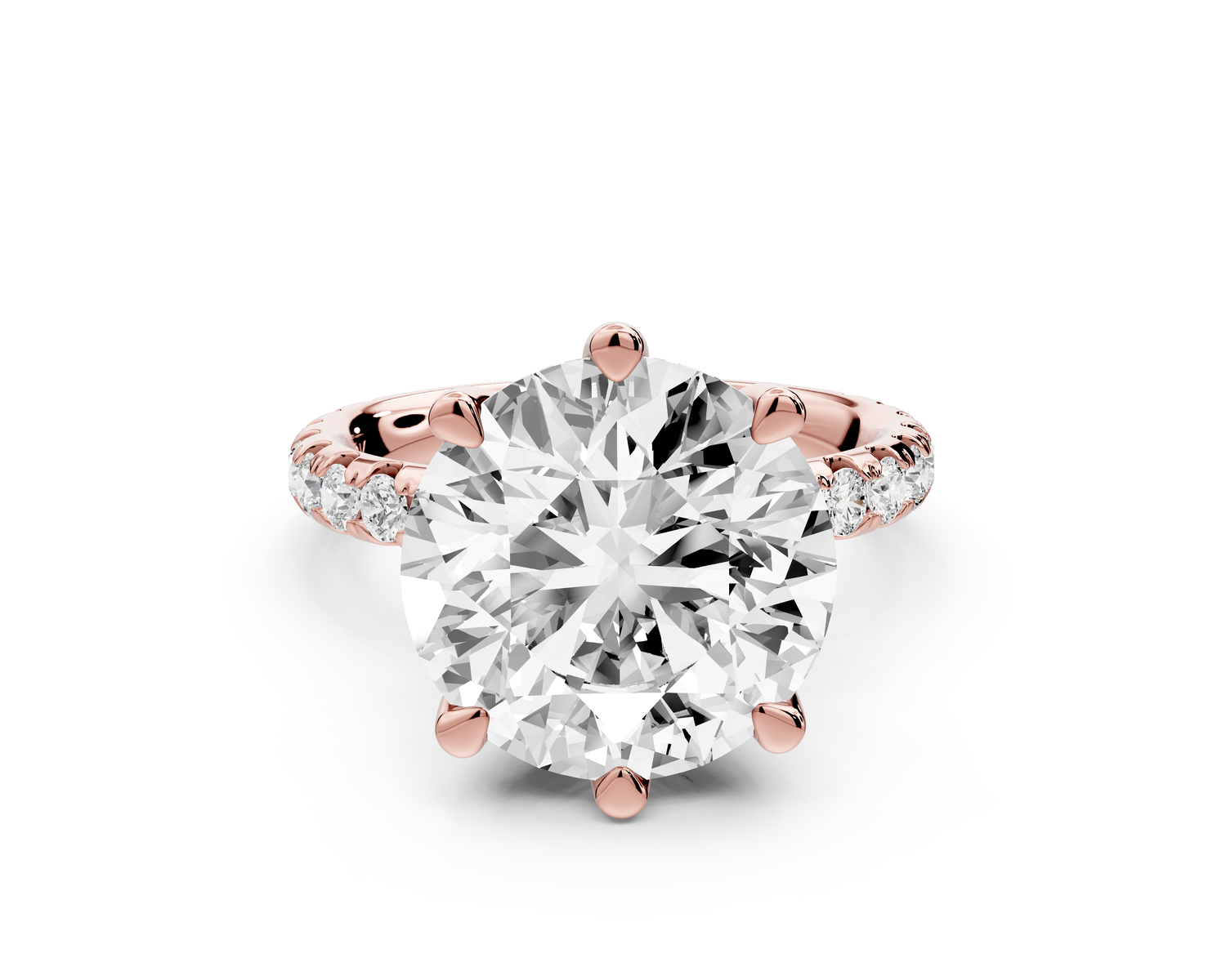 Elise - 5ct 14k rose gold round diamond 6-Talon Prong Diamond Crown with Pavé Engagement Ring