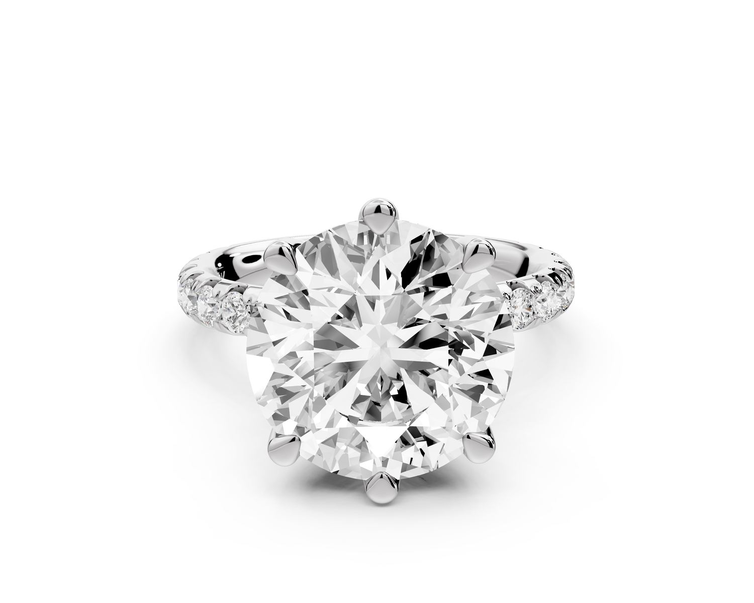 Elise - 5ct 14k white gold round diamond 6-Talon Prong Diamond Crown with Pavé Engagement Ring