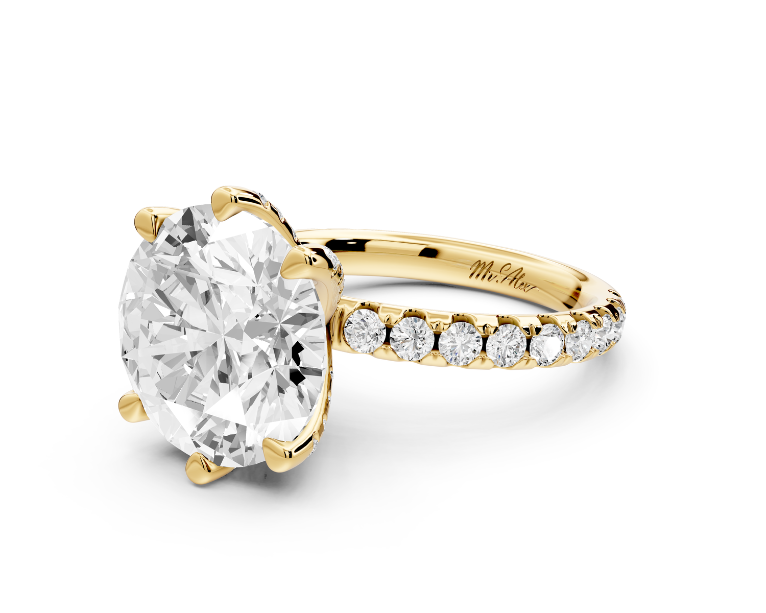 Elise - 5ct 14k yellow gold round diamond 6-Talon Prong Diamond Crown with Pavé Engagement Ring