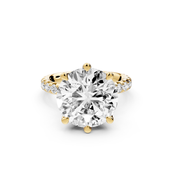 Elise - 5ct 14k yellow gold round diamond 6-Talon Prong Diamond Crown with Pavé Engagement Ring