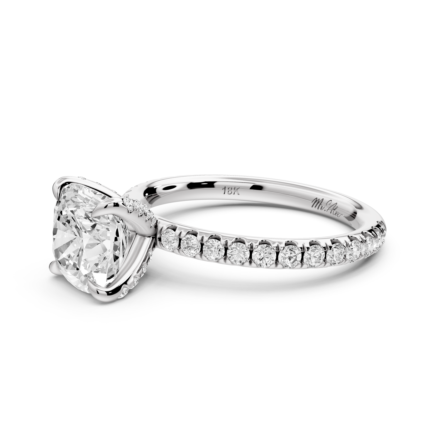 Elissa - 2ct platinum Cushion Classic Solitaire Engagement Ring with Shared-Prong Pavé Band