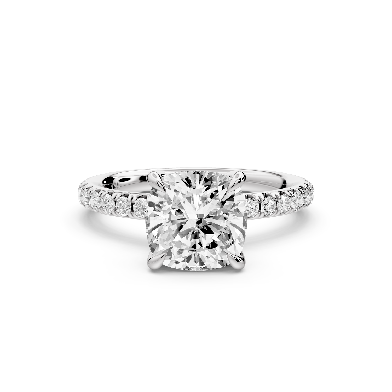 Elissa - 2ct platinum Cushion Classic Solitaire Engagement Ring with Shared-Prong Pavé Band