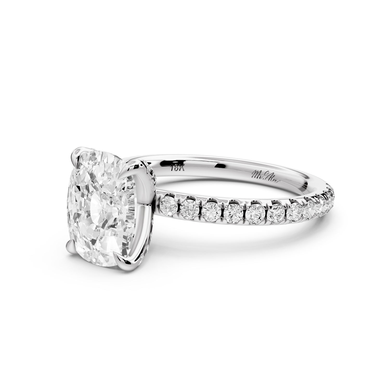 Elissa - 2ct platinum Ecushion Classic Solitaire Engagement Ring with Shared-Prong Pavé Band
