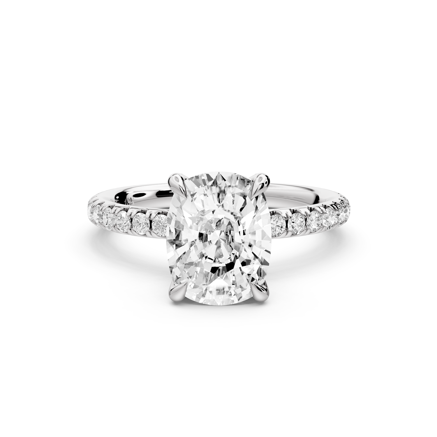Elissa - 2ct platinum Ecushion Classic Solitaire Engagement Ring with Shared-Prong Pavé Band