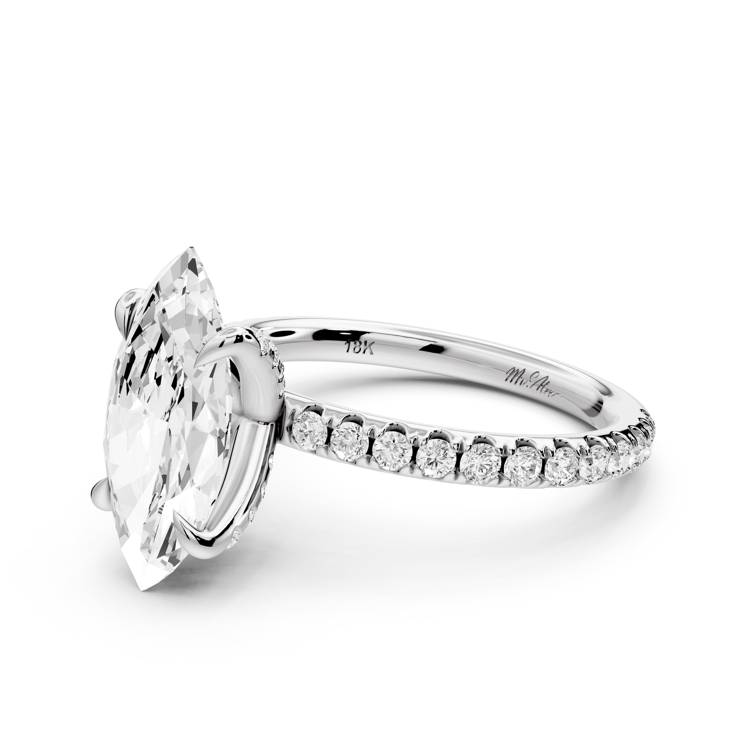 Elissa - 2ct platinum Marquise Classic Solitaire Engagement Ring with Shared-Prong Pavé Band