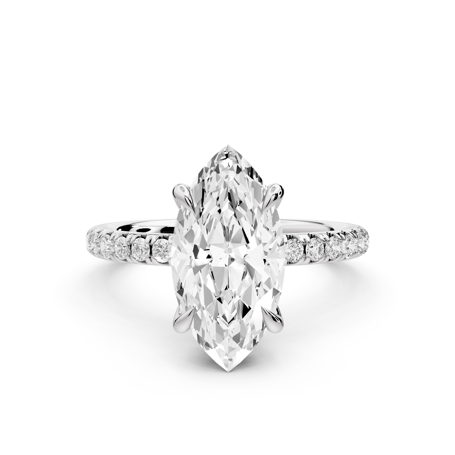 Elissa - 2ct platinum Marquise Classic Solitaire Engagement Ring with Shared-Prong Pavé Band