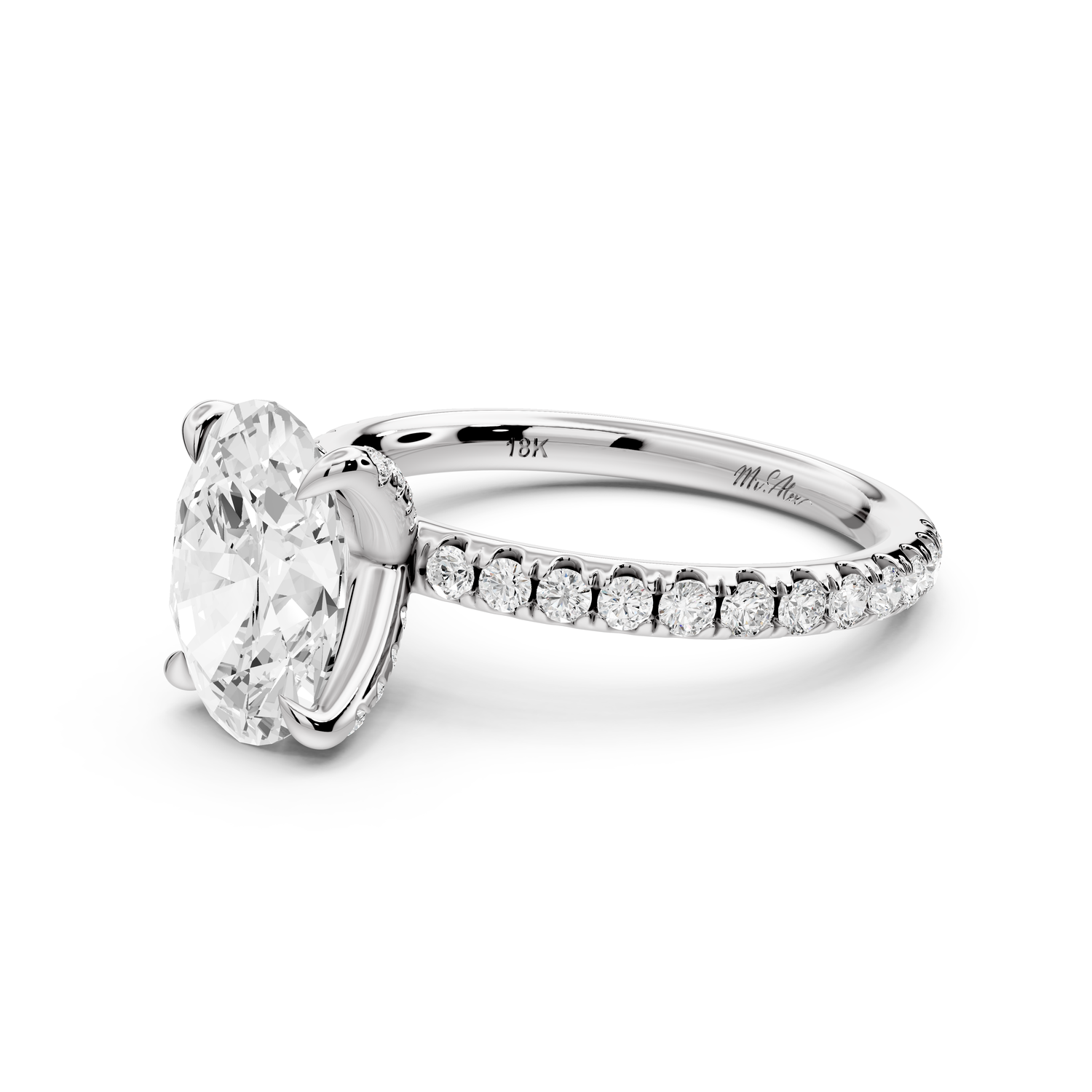 Elissa - 2ct platinum Oval Classic Solitaire Engagement Ring with Shared-Prong Pavé Band