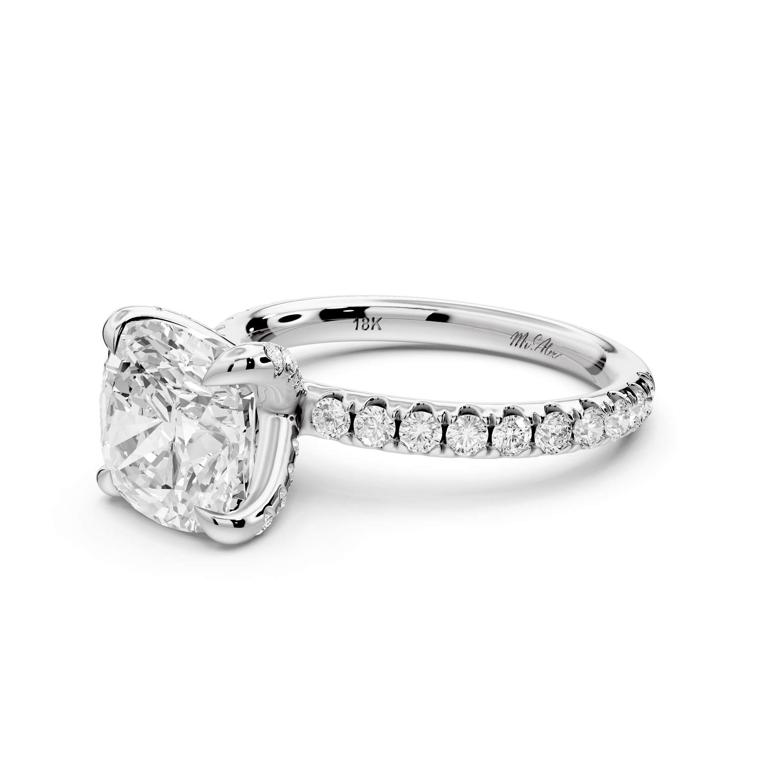 Elissa - 3ct platinum Cushion Classic Solitaire Engagement Ring with Shared-Prong Pavé Band
